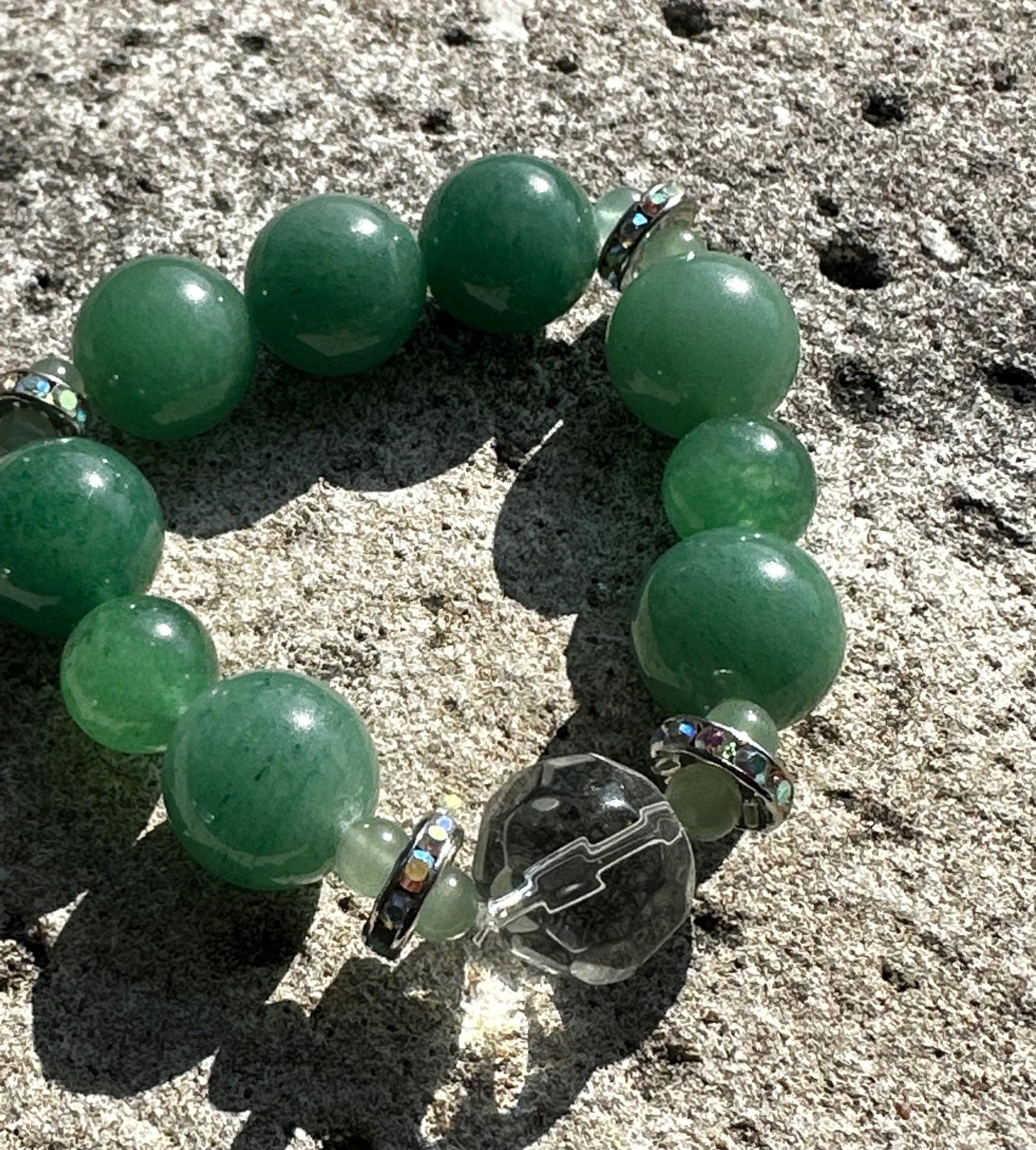 Chunky Green Aventurine Bracelet with Clear and Rhinestone Accent Beads