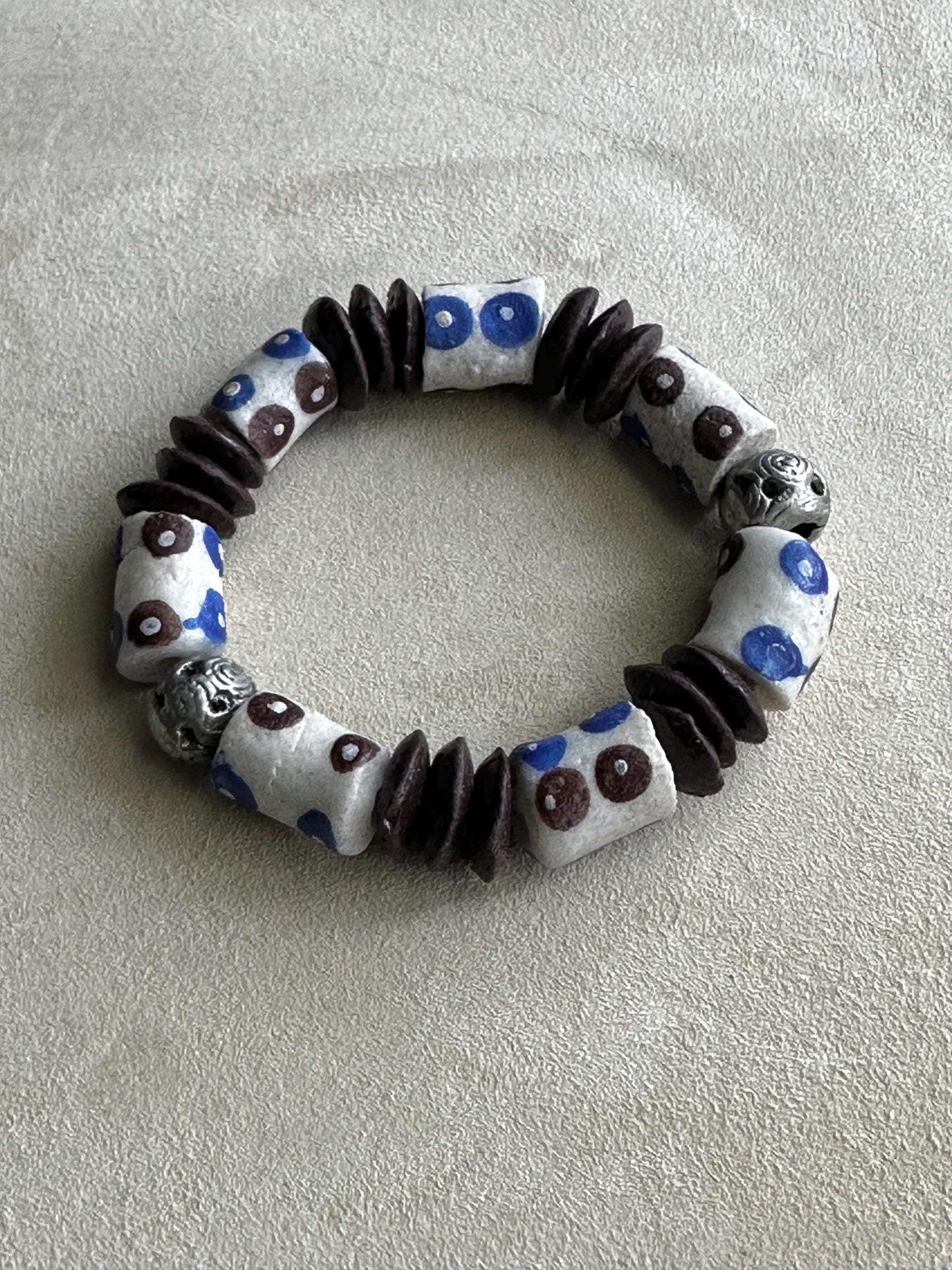 African Recycled Glass Bead Bracelet: Blue Brown Polka Dot Krobo, Unisex Boho