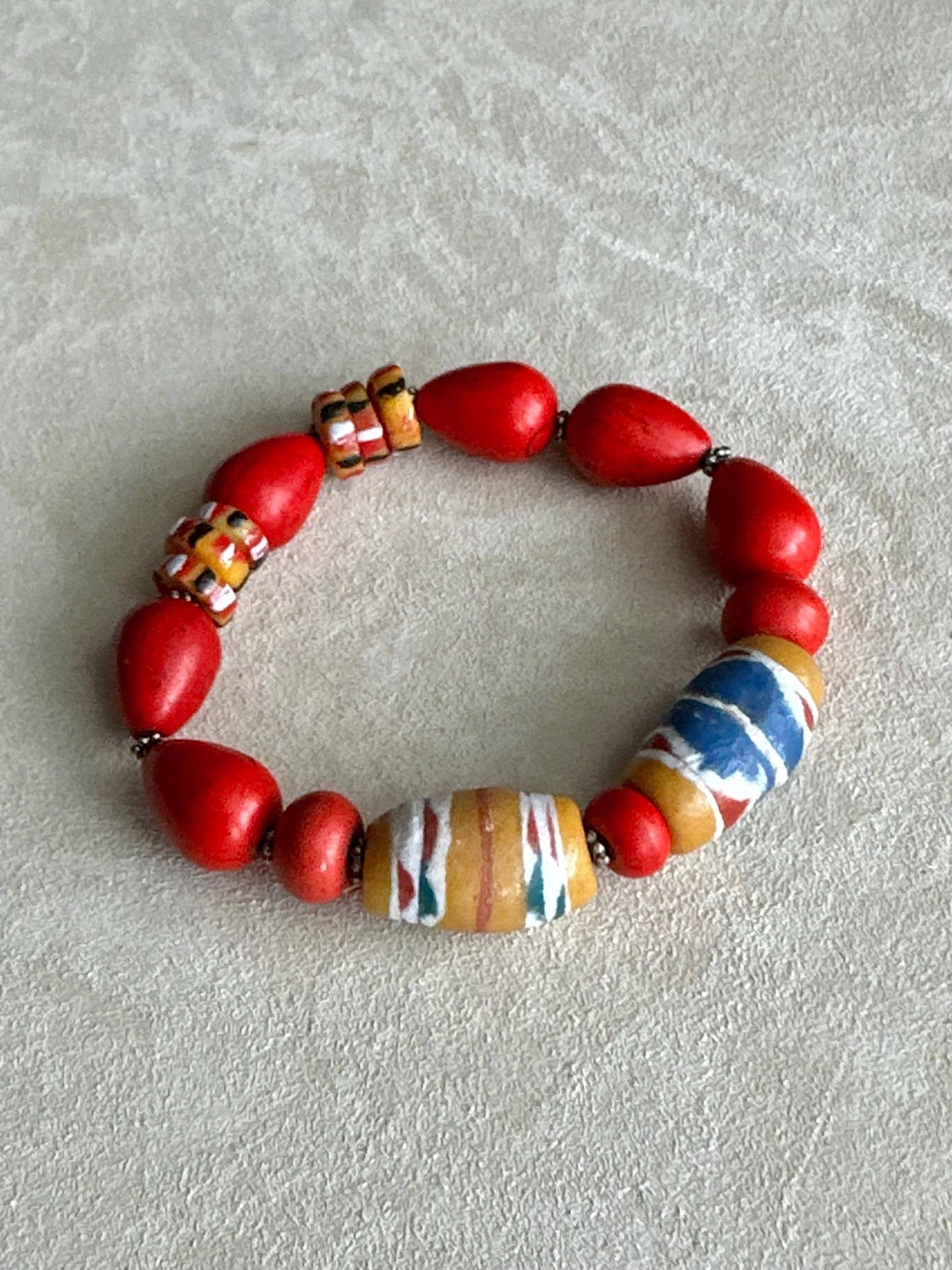 Red Teardrop Beaded Bracelet | Bronze Disc Boho Jewelry
