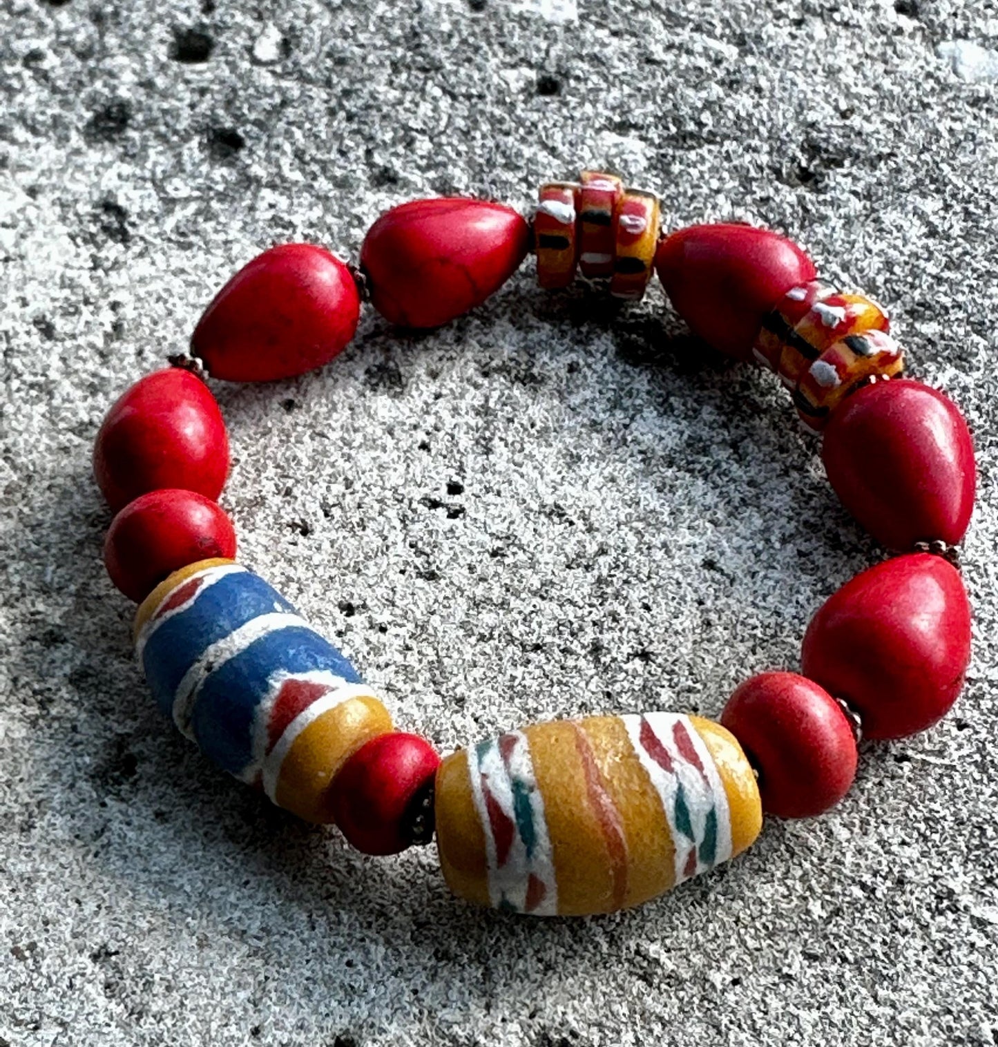 Red Teardrop Beaded Bracelet | Bronze Disc Boho Jewelry
