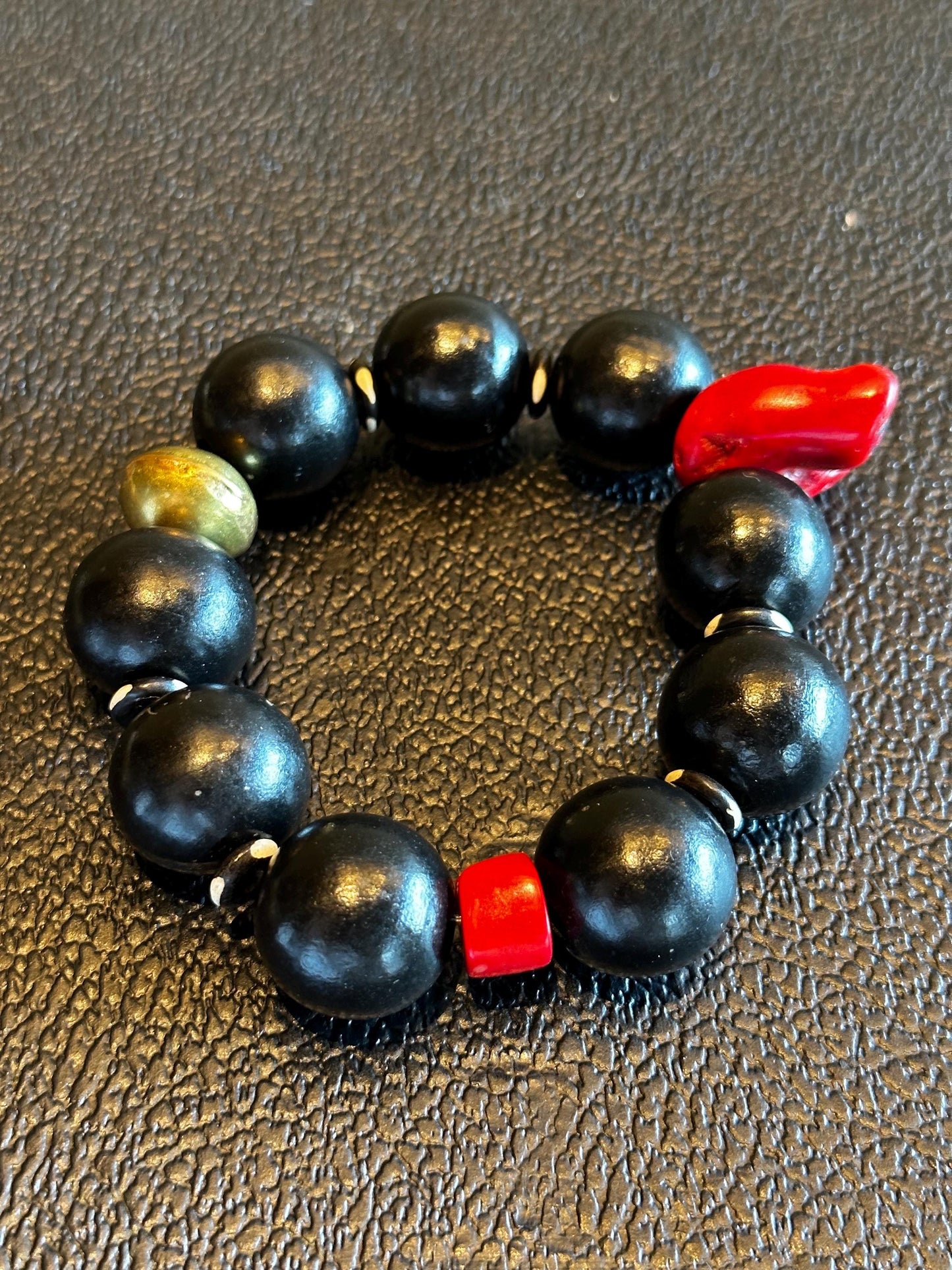 Handmade Black and Red Coral Beaded Statement Stretch Bracelet
