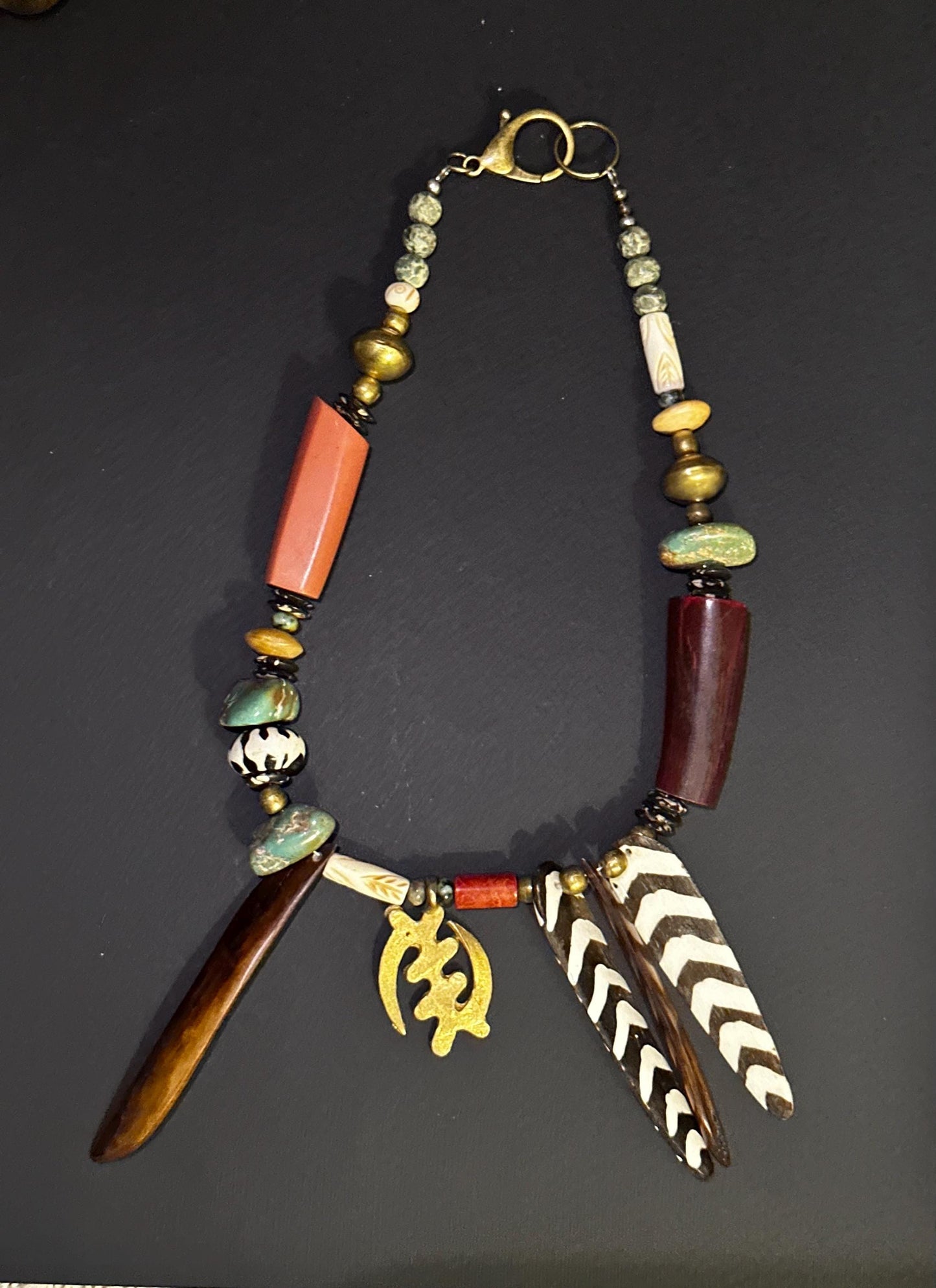 Tribal Boho Statement Necklace • Mixed Materials • Handcrafted Ethnic-Inspired Necklace • Bone, Brass & Natural Beads • One-of-a-Kind