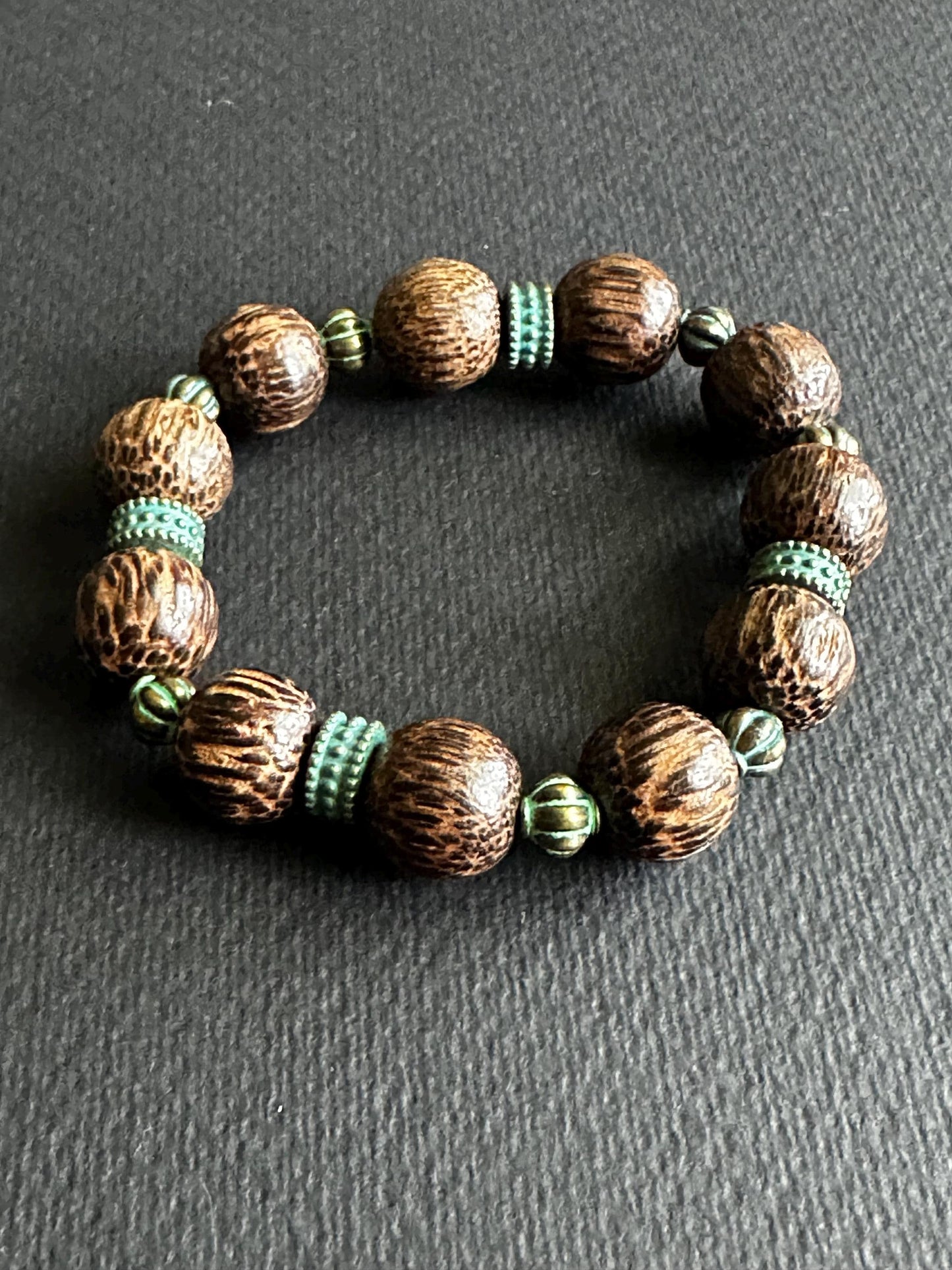 Brown and Blue Wood Beaded Bracelet Handmade and OOAK
