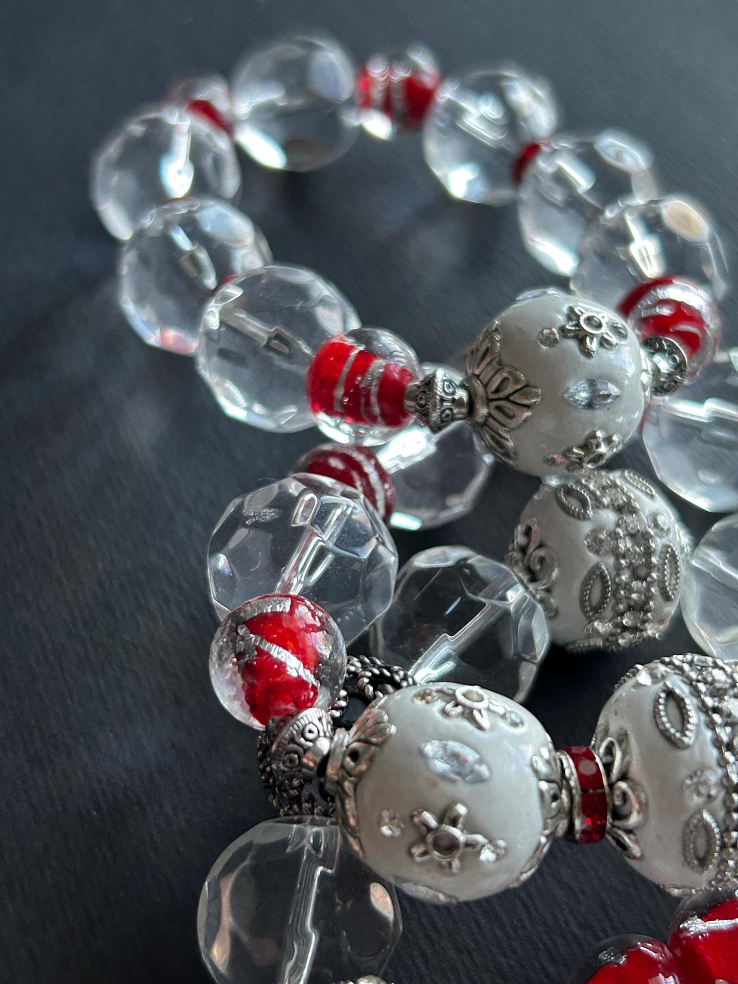 Handmade Beaded Stretch Bracelet | White, Red, & Silver Filigree