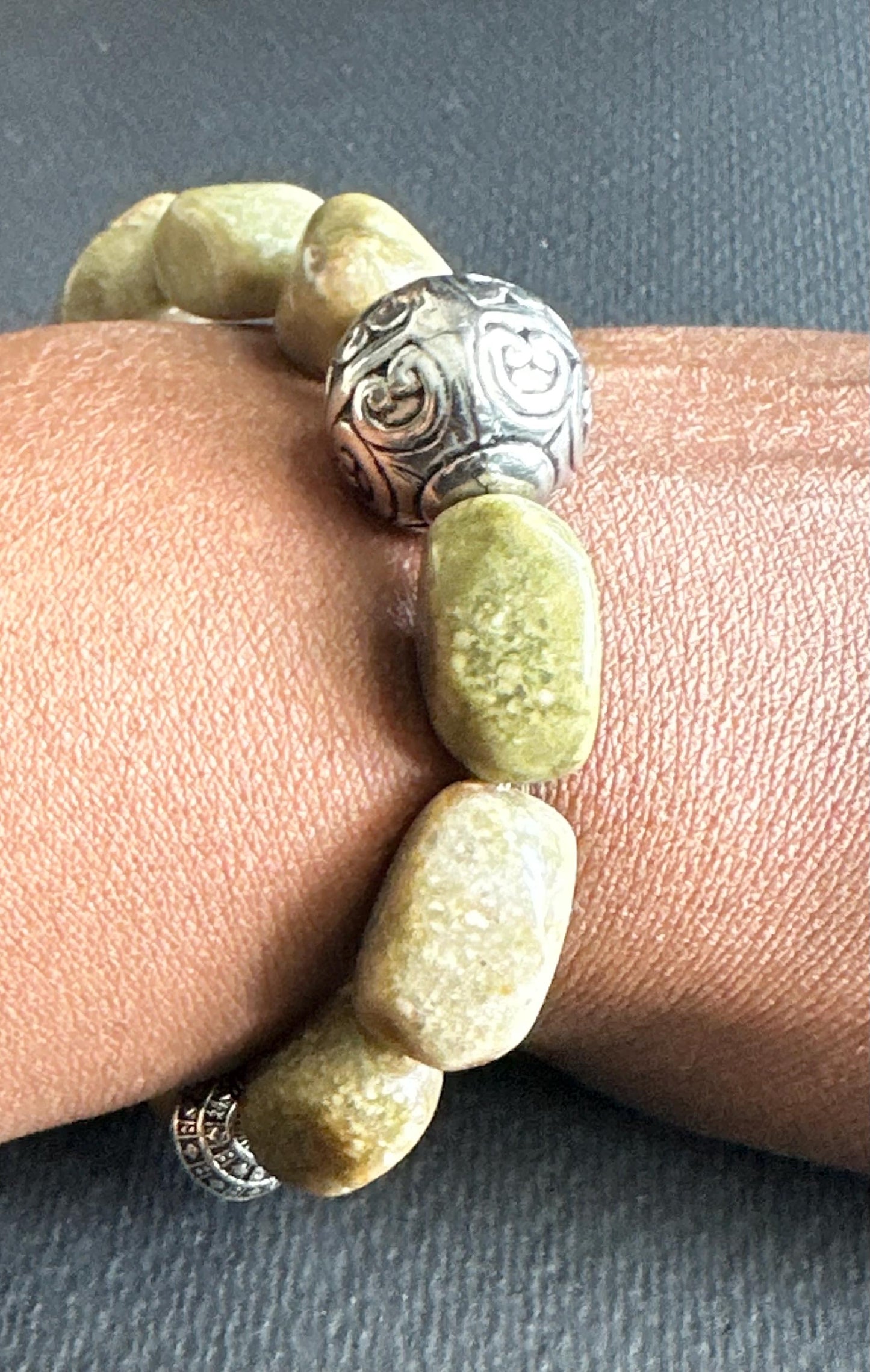 Earthtone Nugget Bracelet: Ornate Silver Focal, Handmade Gemstone Beads