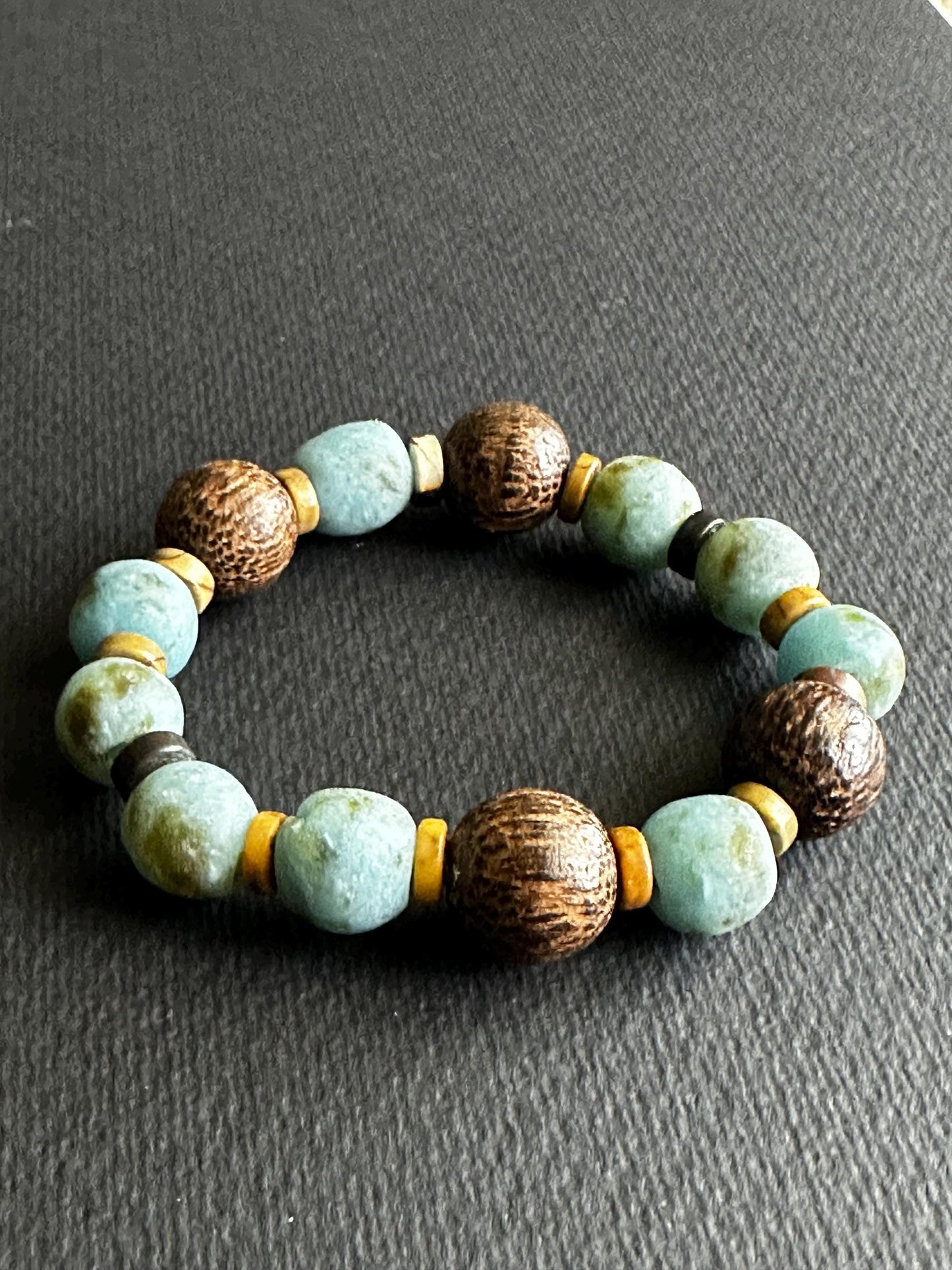 Ocean Earth | Turquoise Recycled Glass Bracelet with Wood  Beads | Unisex | Handmade by Attrice
