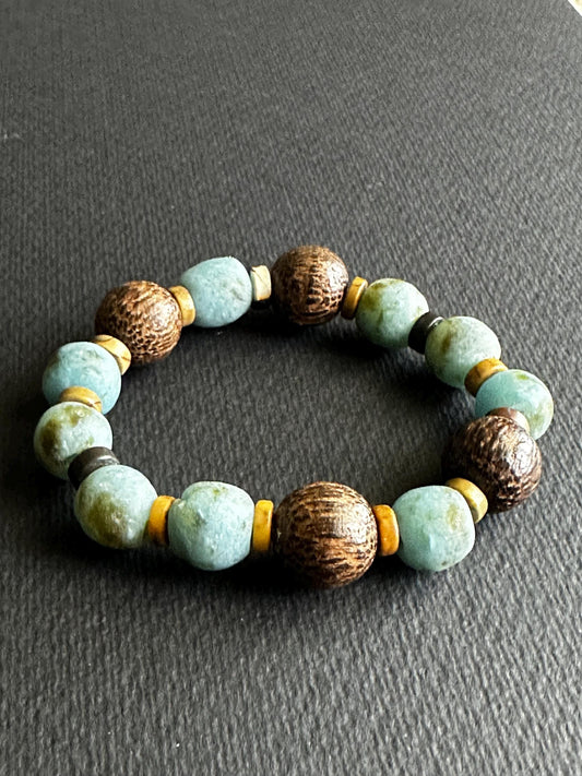 Ocean Earth | Turquoise Recycled Glass Bracelet with Wood  Beads | Unisex | Handmade by Attrice