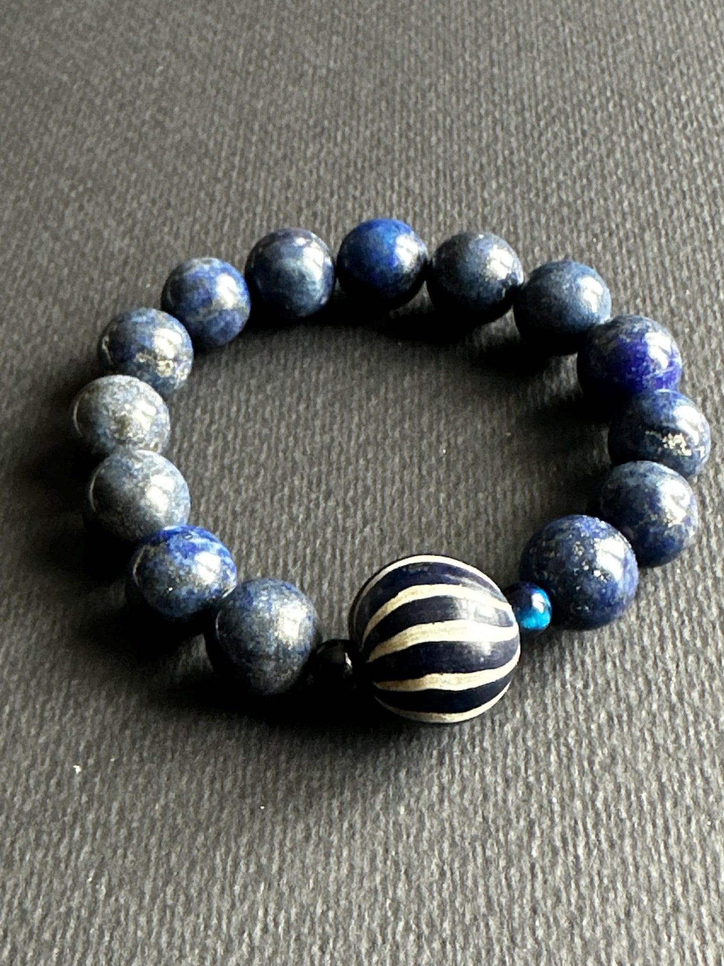 Lapis Unisex Bracelet with Navy and White Striped Java Bead