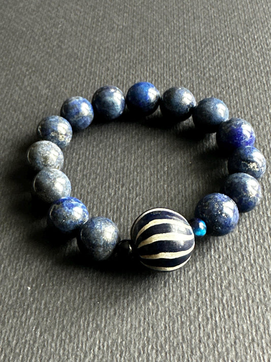 Lapis Unisex Bracelet with Navy and White Striped Java Bead