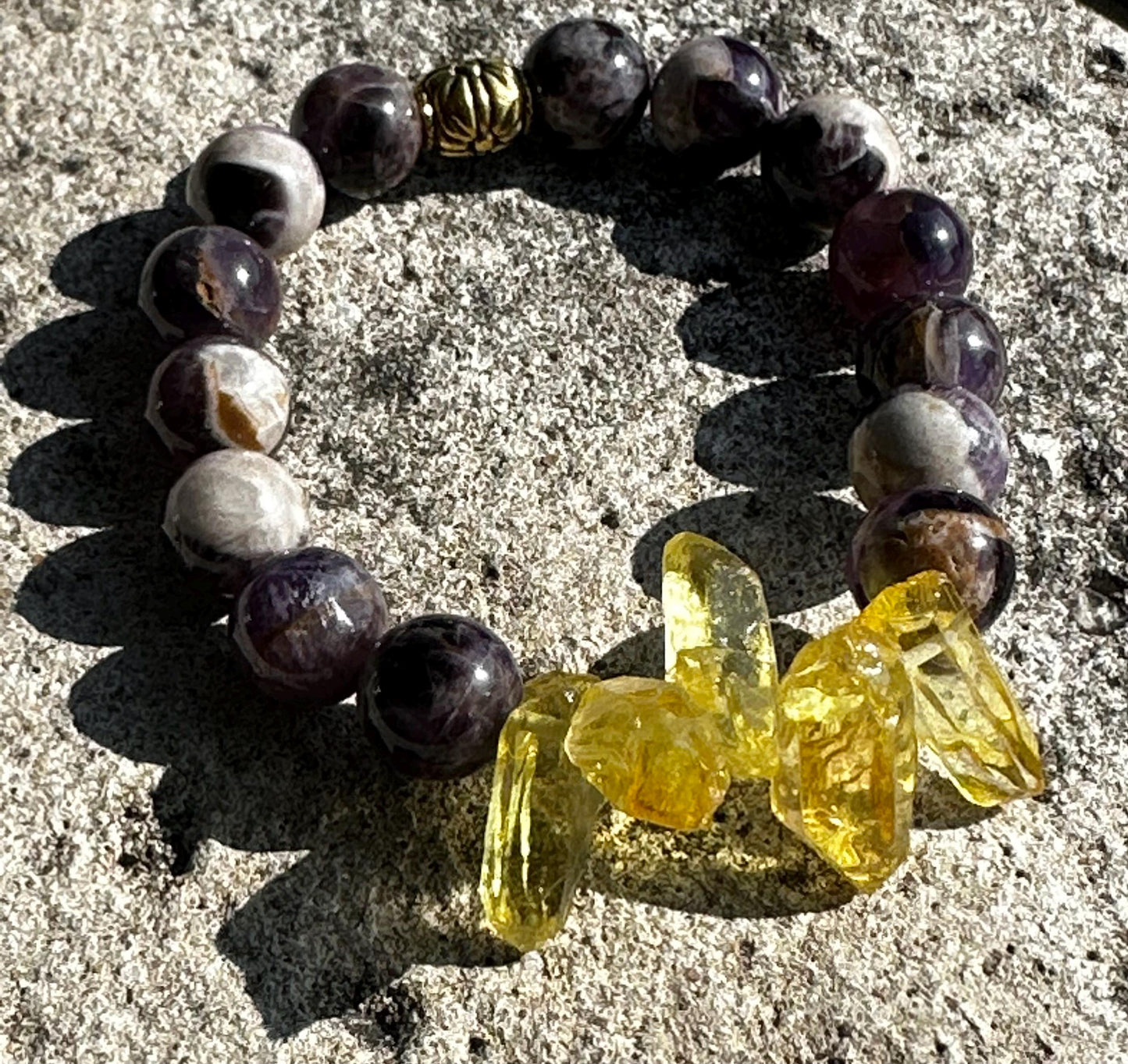 Amethyst & Yellow Quartz Statement Bracelet | One-of-a-Kind Crystal Bracelet | Boho Unisex Jewelry | Handmade by Attrice