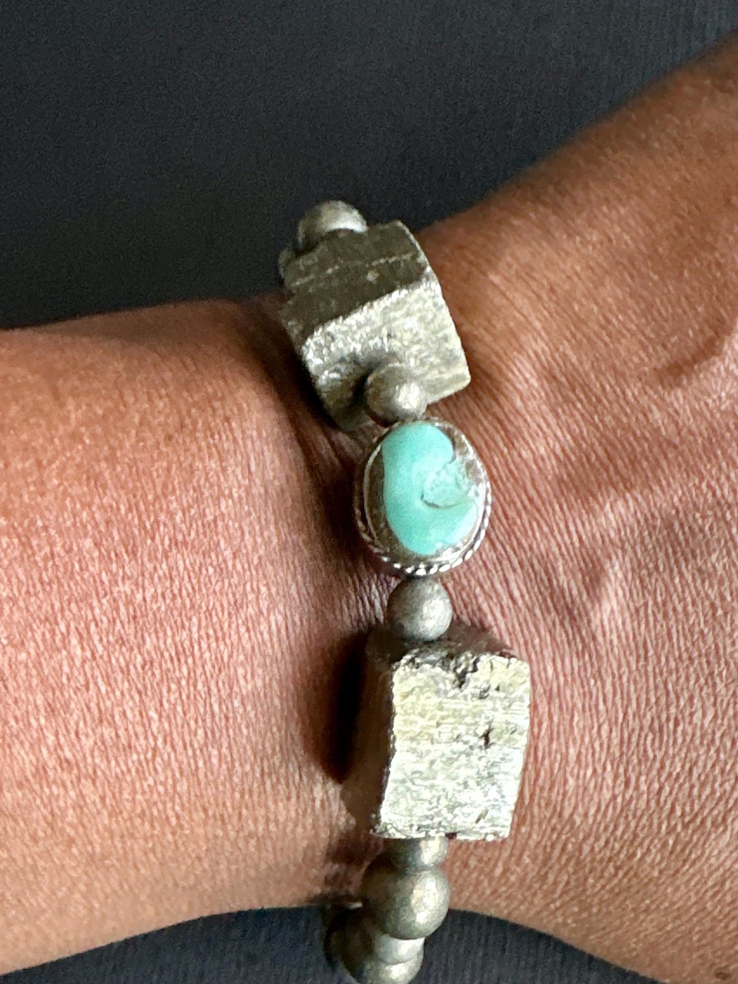 Boho Unisex Bracelet Stack | Pyrite Cube & Turquoise Beads | Handmade One of a Kind Stretch Bracelets