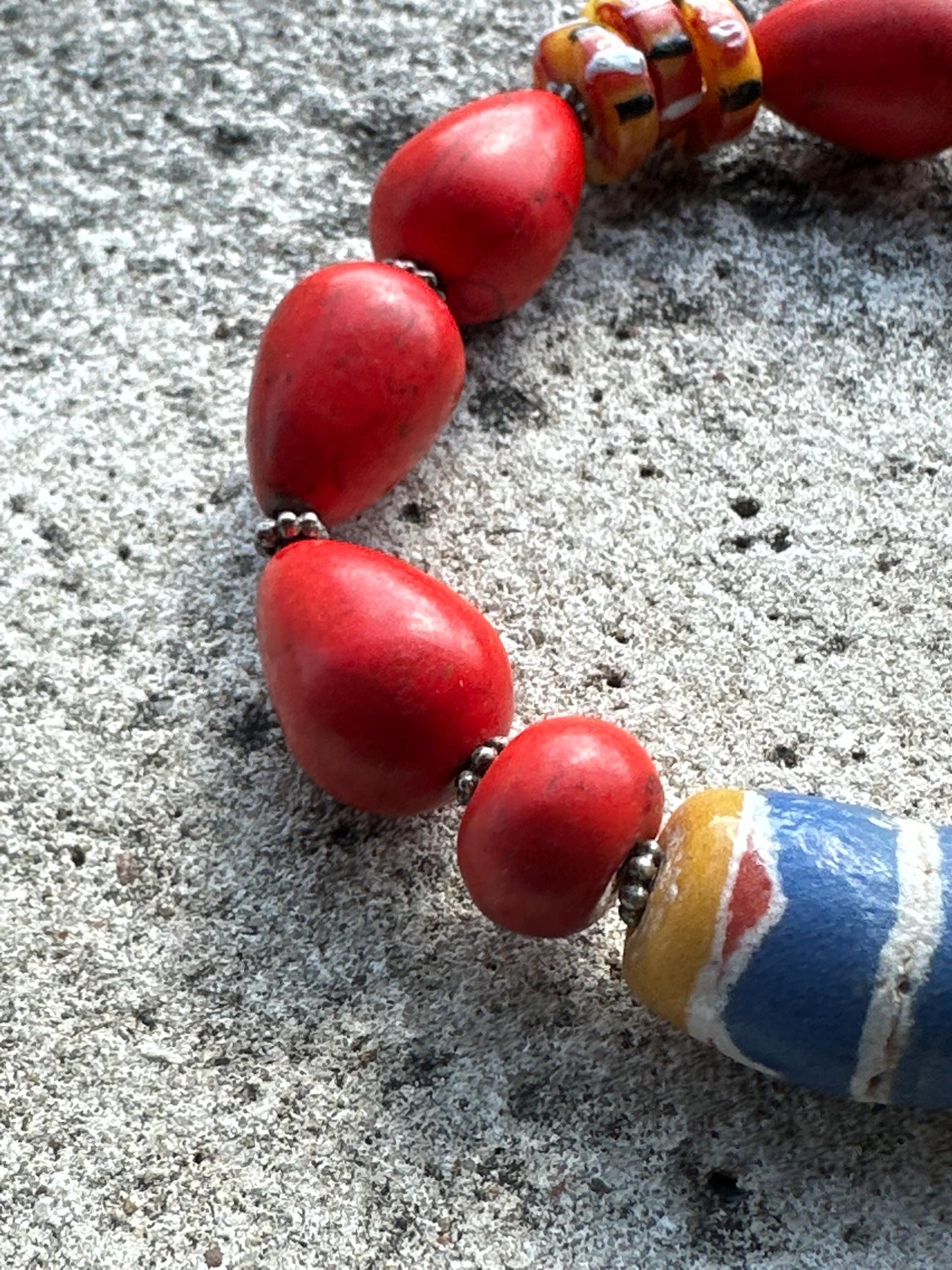 Red Teardrop Beaded Bracelet | Bronze Disc Boho Jewelry