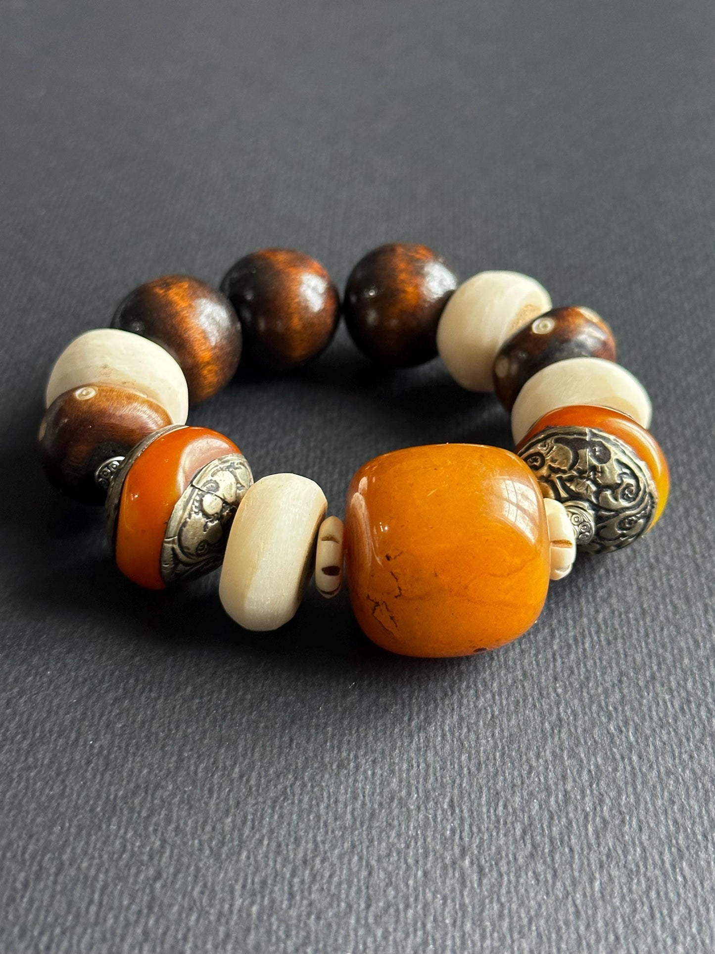Earthy Unisex Beaded Bracelet • Orange Resin, Bone, Wood, Metal • 7.5 Inch