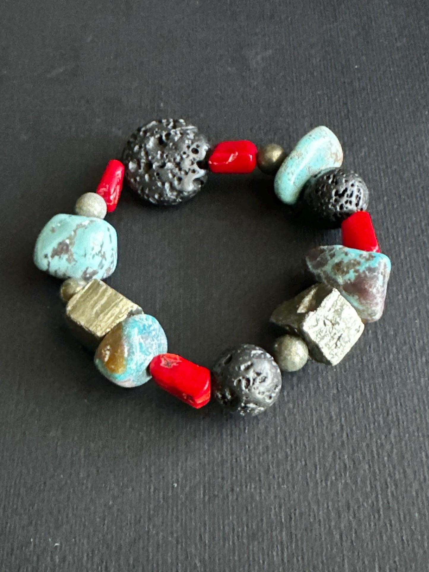 Boho Lava & Turquoise Beaded Bracelet | Pyrite Accent, Handmade