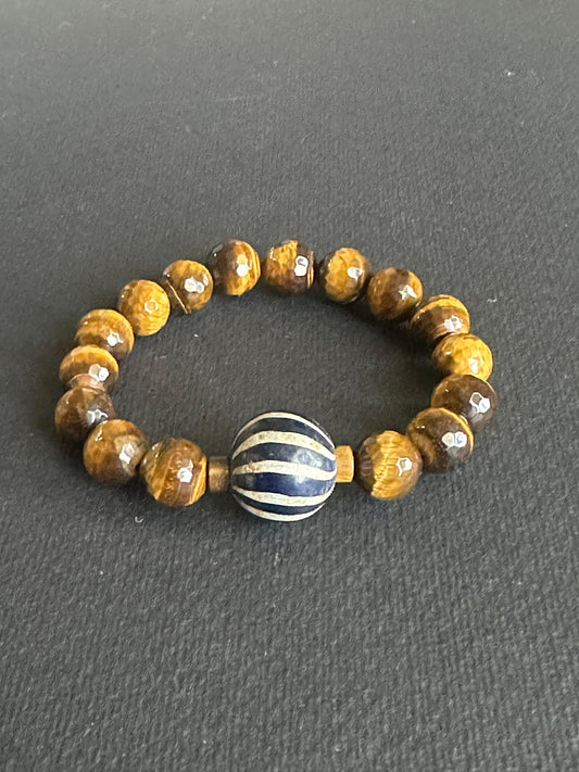 Tiger’s Eye Unisex Bracelet with Navy and White Java Focal Bead