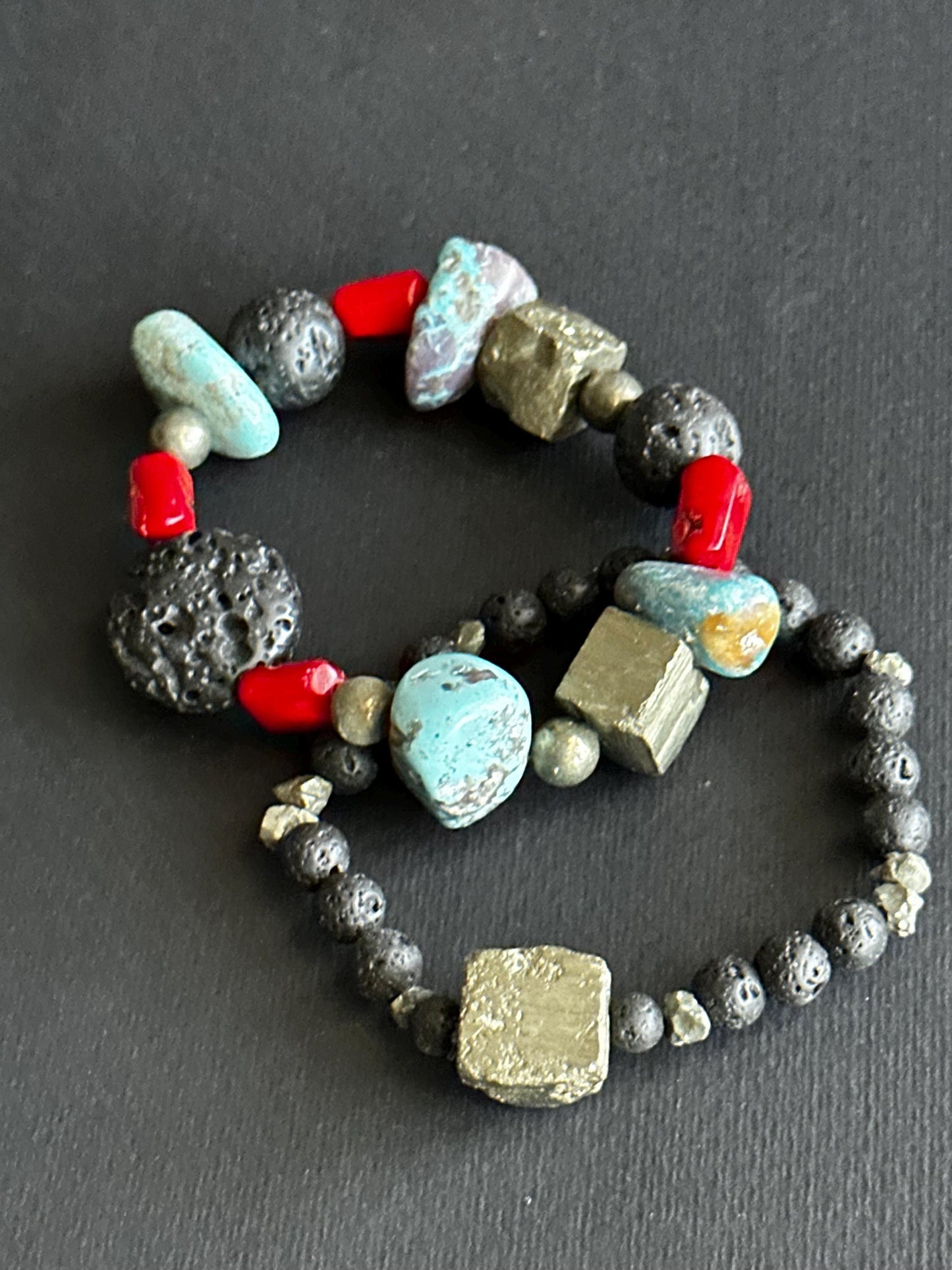 Boho Lava & Turquoise Beaded Bracelet | Pyrite Accent, Handmade