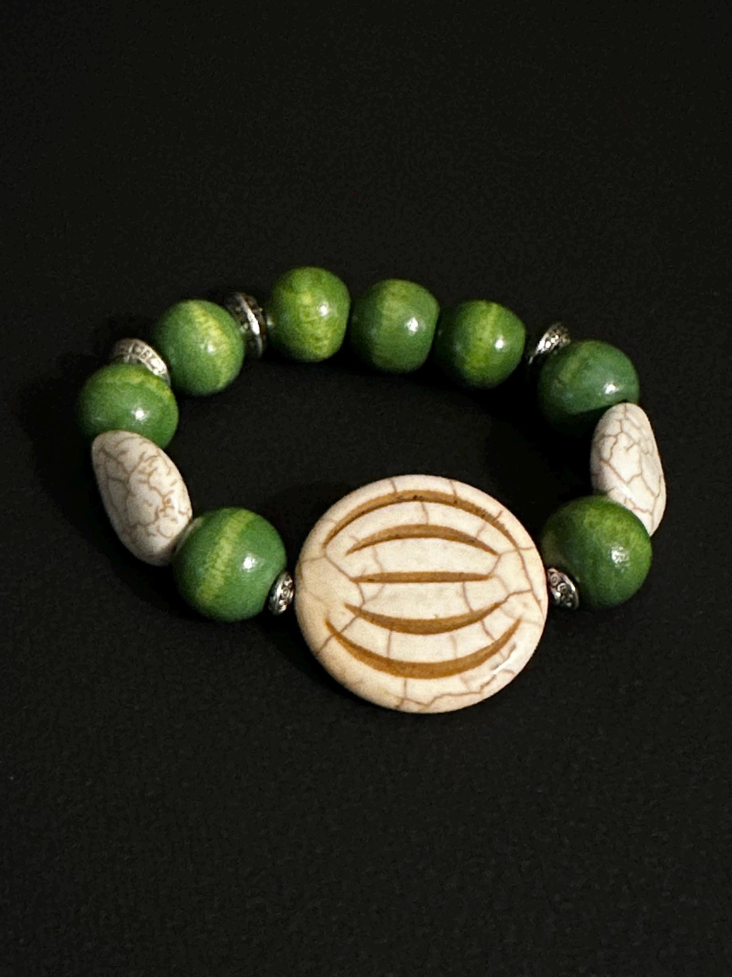 Pink Wood and Green Ceramic Bracelet | Handmade Jewelry | Beaded Bracelet by Trecie’s Shoppe