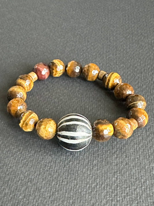 Tiger’s Eye Unisex Bracelet with Black & White Java Focal Bead