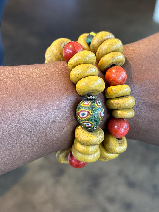Mustard Gold and Red Clay, Ceramic and Java Beaded Bracelet