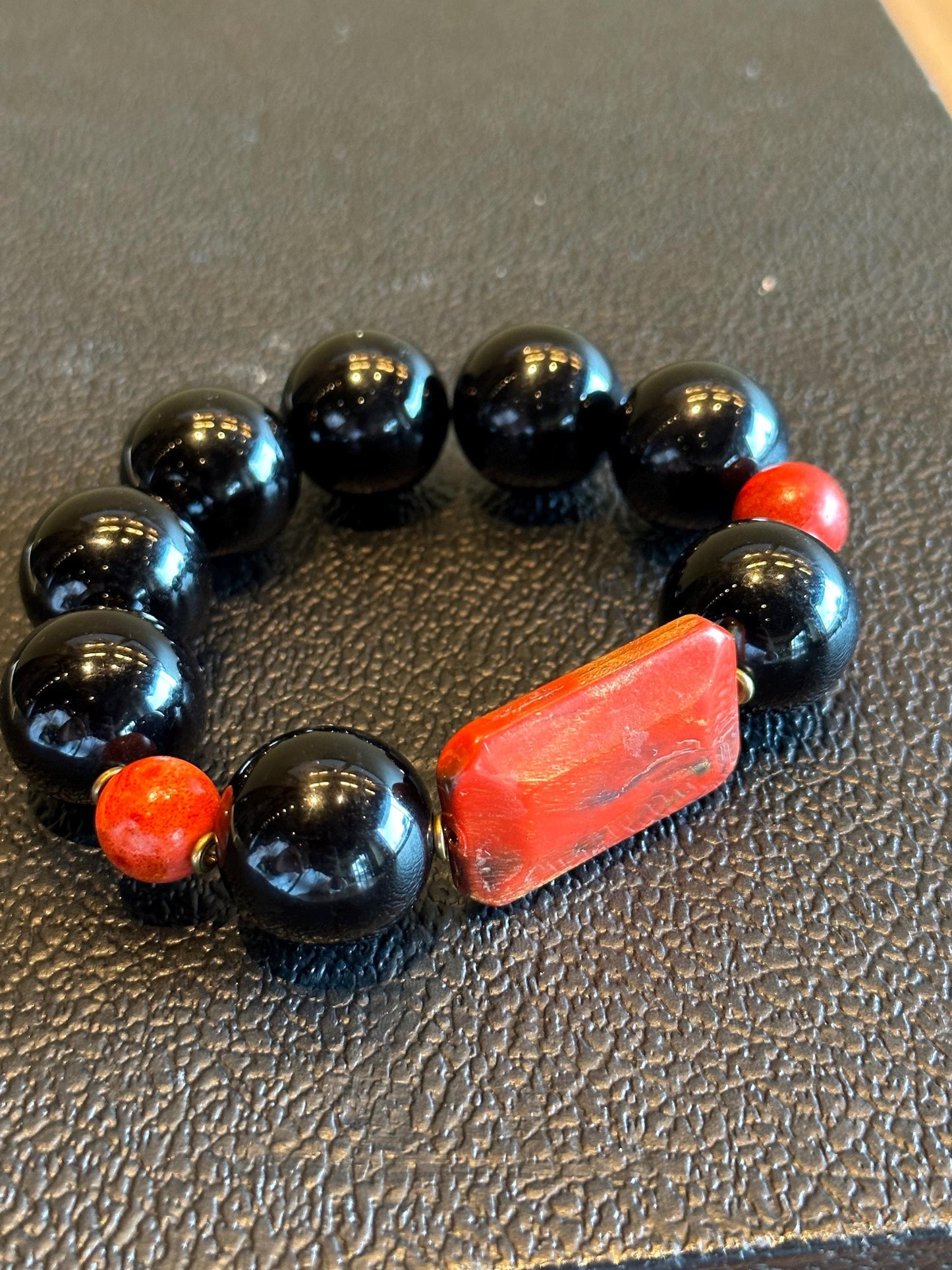 Handmade Black and Red Beaded Statement Stretch Bracelet