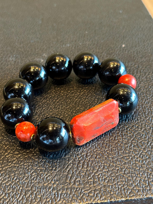 Handmade Black and Red Beaded Statement Stretch Bracelet