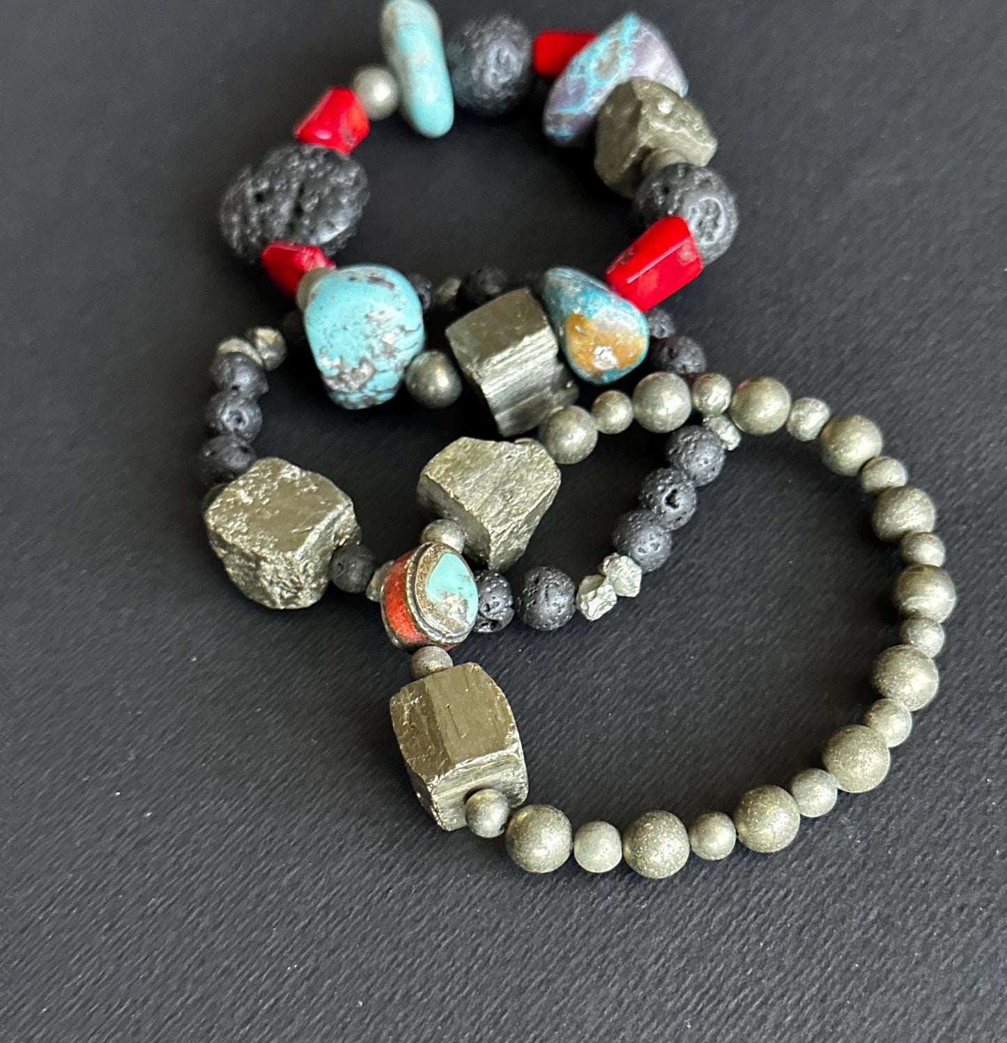 Boho Lava & Turquoise Beaded Bracelet | Pyrite Accent, Handmade