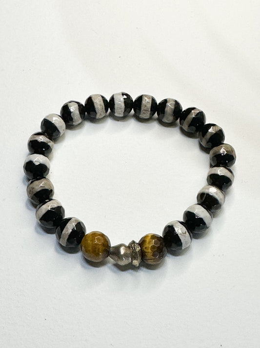 Unisex Black and White Agate with Tiger’s Eye and Ethiopian Silver Accent Beads for Women and Men