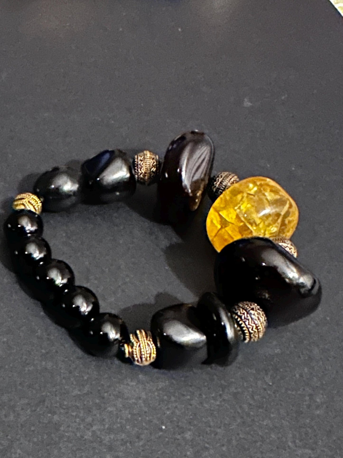 Handmade Chunky 24 mm Black Beads and Yellow Unisex Beaded Statement Stretch Bracelet