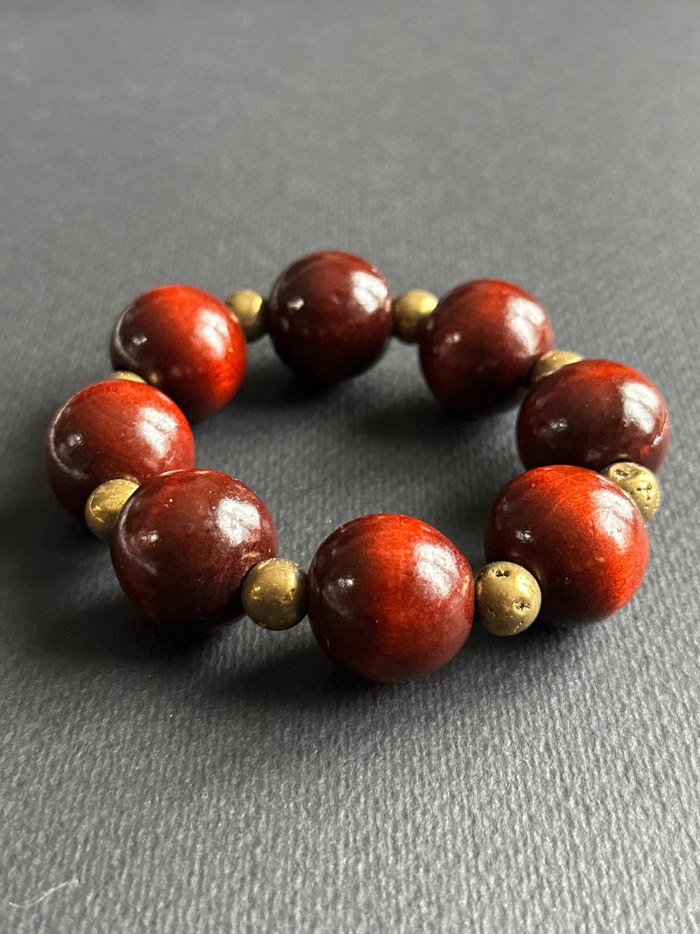 Large Brown Wood Unisex Beaded Bracelet with Gold Matte Agate Beads