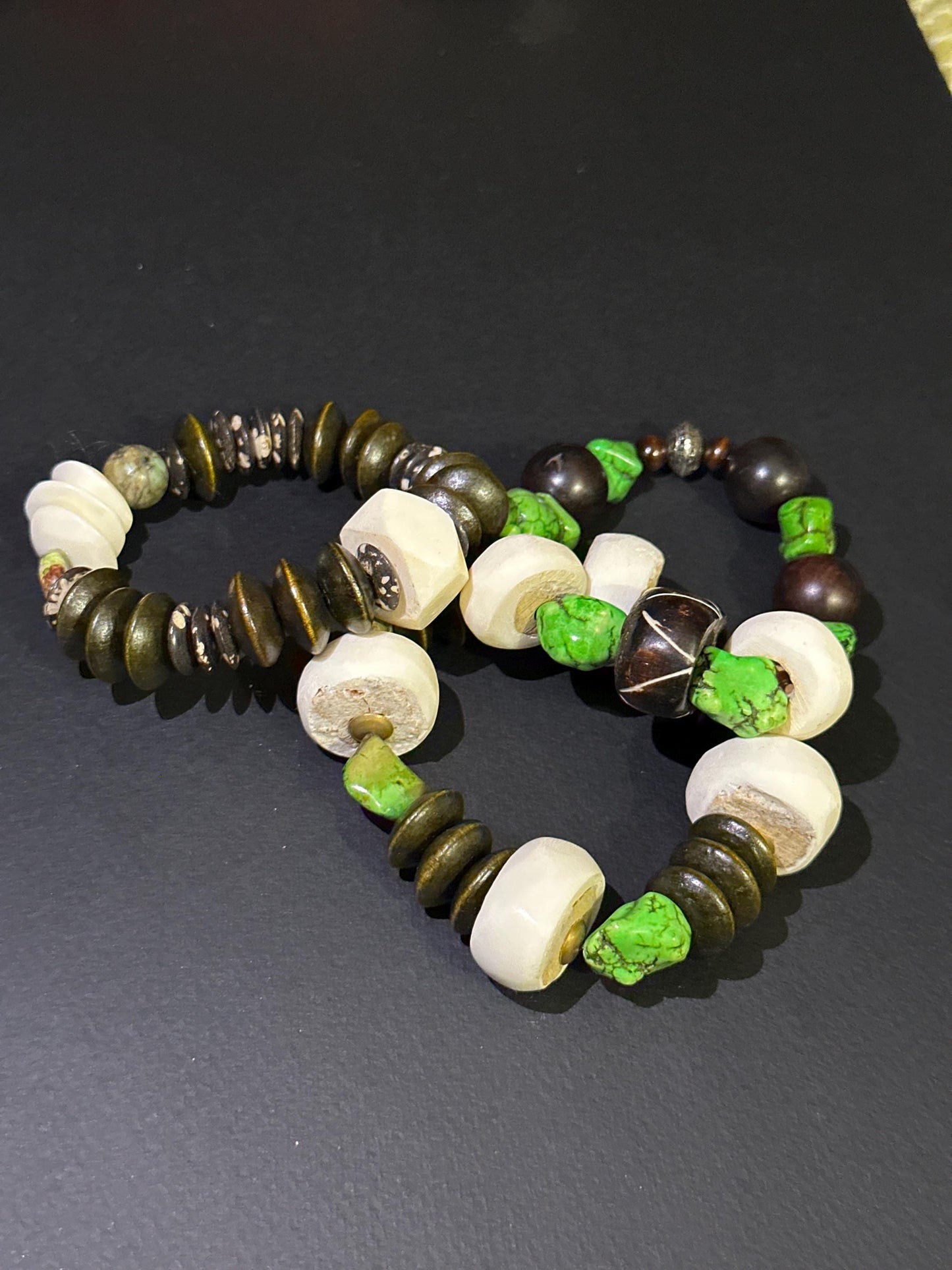 Green Brown and Creamy Beaded Bracelet | Wood Bone and Turquoise Beads, Unisex Bohemian Jewelry