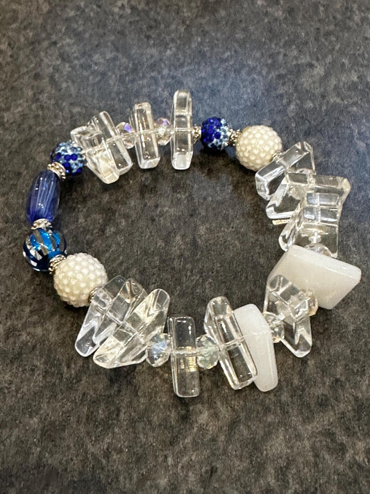 Handmade Blue Art Glass Bracelet • Acrylic Geometric Beads, Pearl Accents