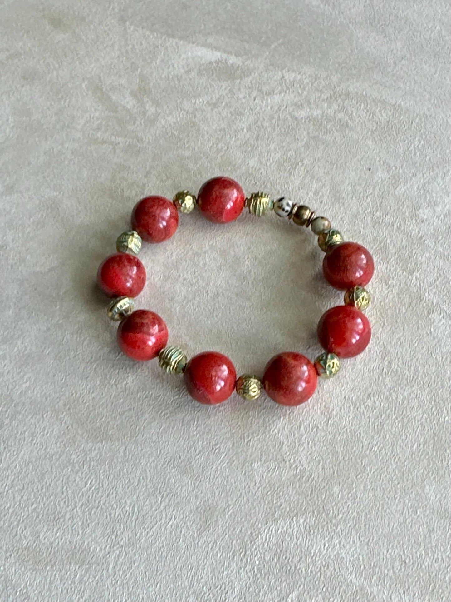 Red Ceramic Beaded Bracelet: Handmade Brass Accent Boho Jewelry