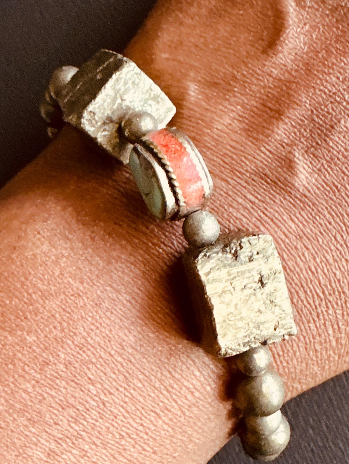 Boho Unisex Bracelet Stack | Pyrite Cube & Turquoise Beads | Handmade One of a Kind Stretch Bracelets