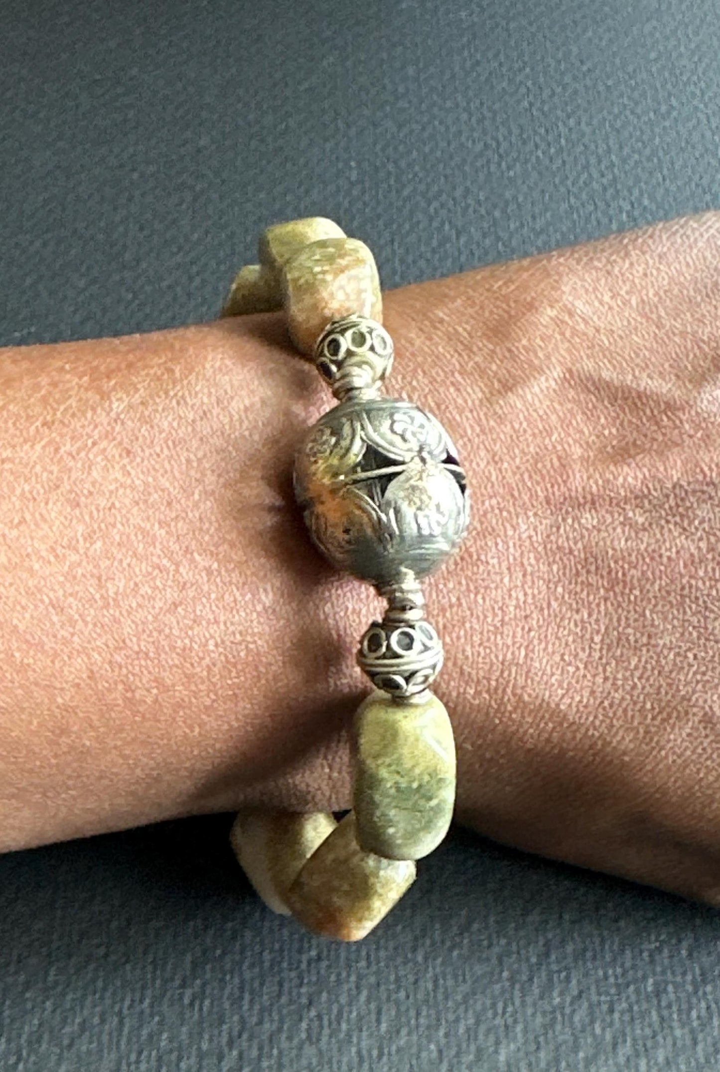 Earthtone Nugget Bracelet: Ornate Silver Focal, Handmade Gemstone Beads
