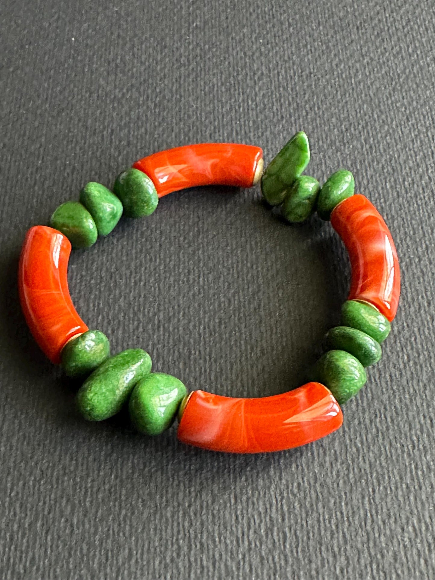 Rust Orange Resin & Green Stone Bracelet: Handmade Boho Jewelry