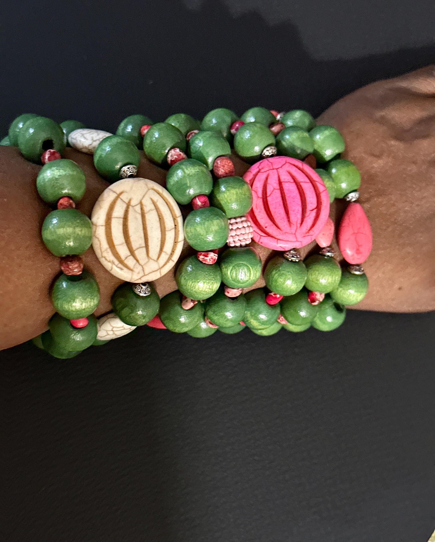 Pink Wood and Green Ceramic Bracelet | Handmade Jewelry | Beaded Bracelet by Trecie’s Shoppe