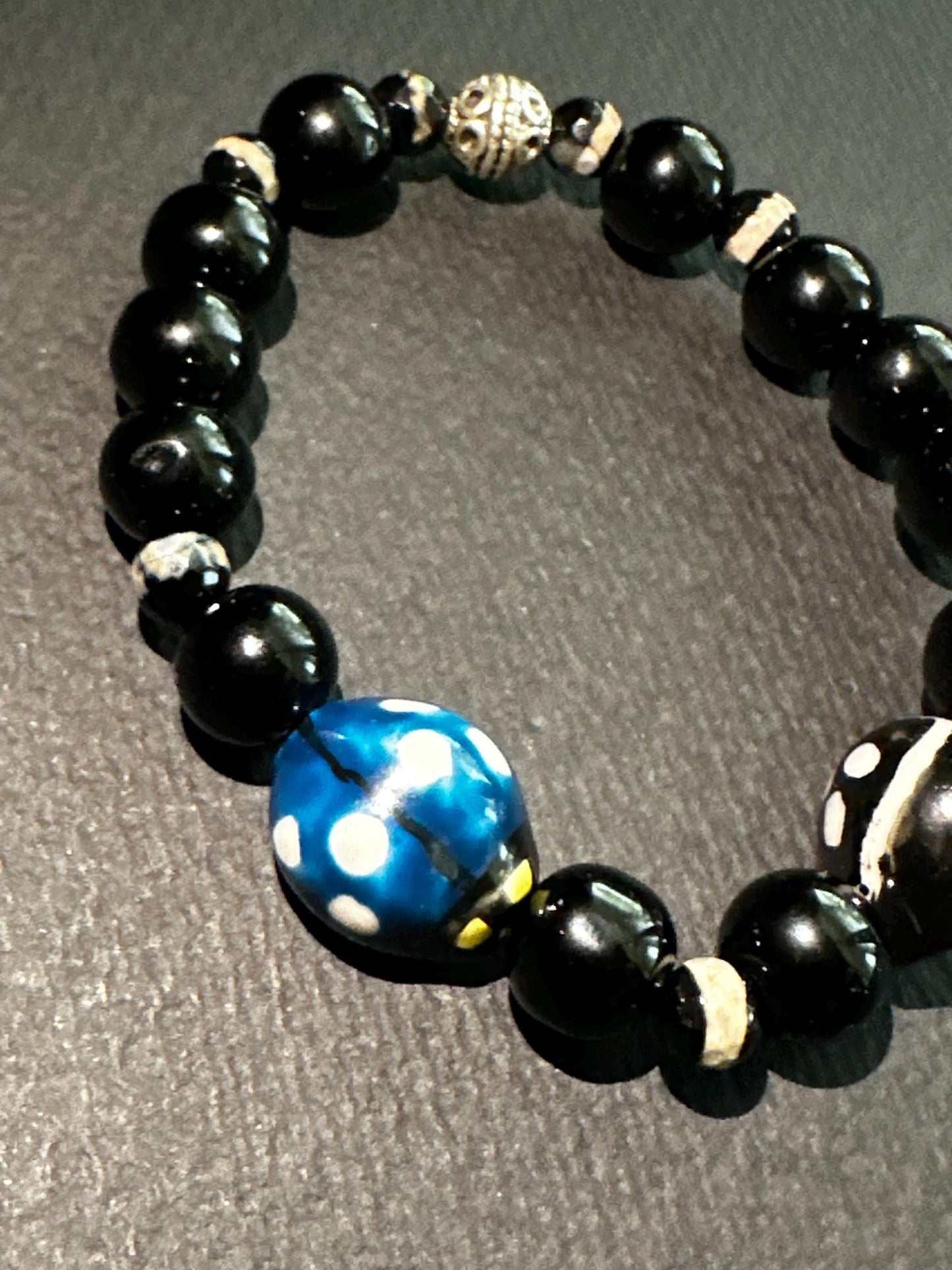 Ladybug Beaded Bracelet: Black, White & Blue Glass Ceramic - 7.5"