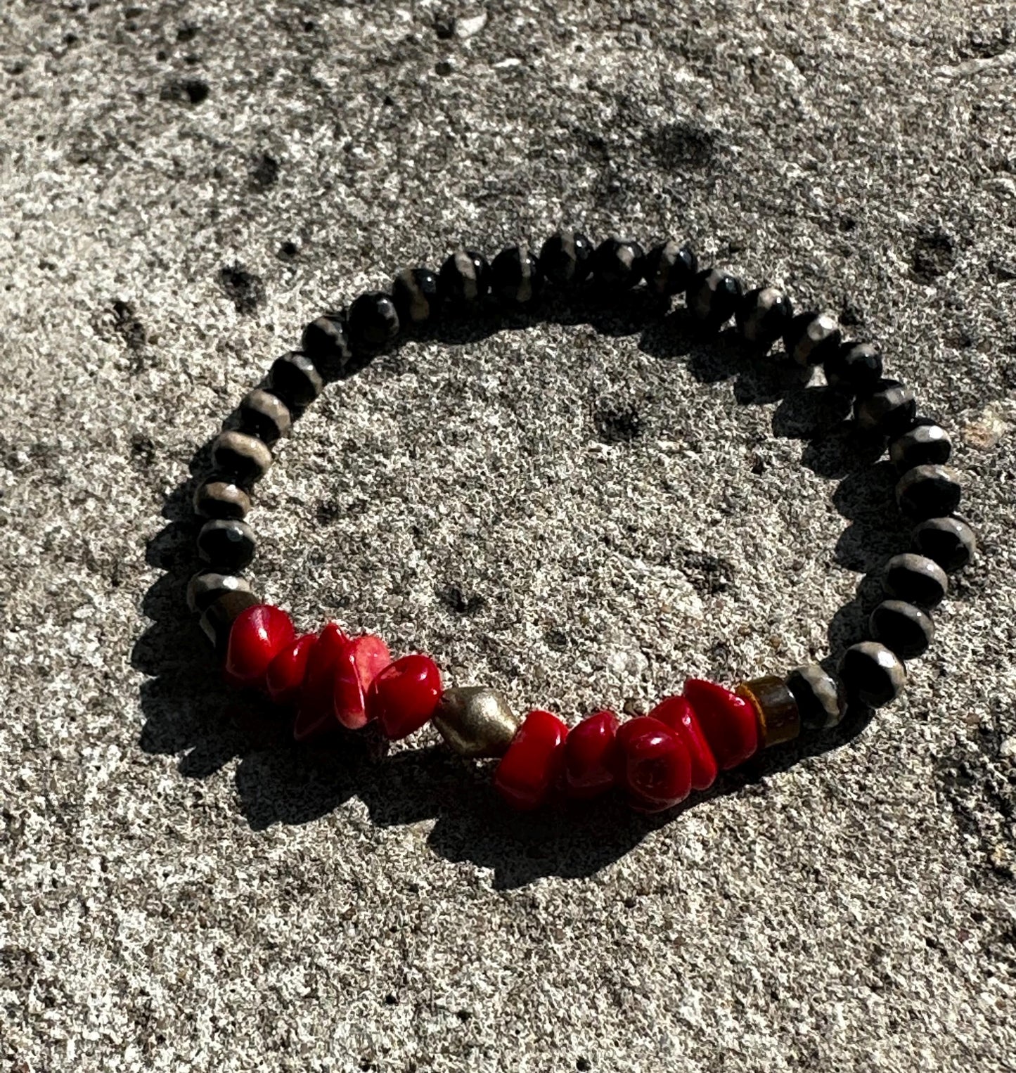 Agate & Red Coral Beaded Bracelet, Unisex Silver Accent