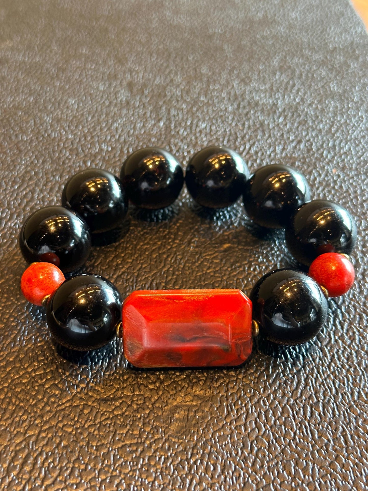 Handmade Black and Red Beaded Statement Stretch Bracelet