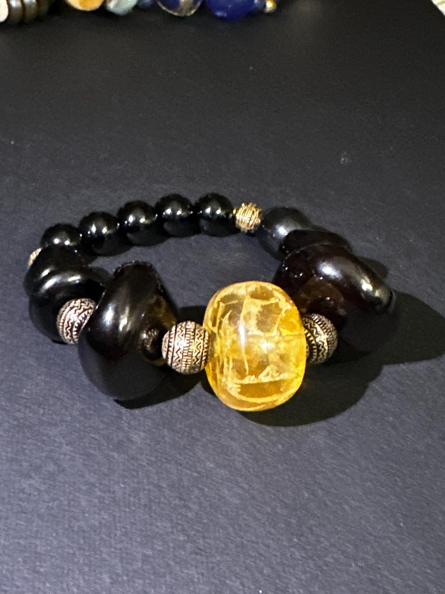 Handmade Chunky 24 mm Black Beads and Yellow Unisex Beaded Statement Stretch Bracelet