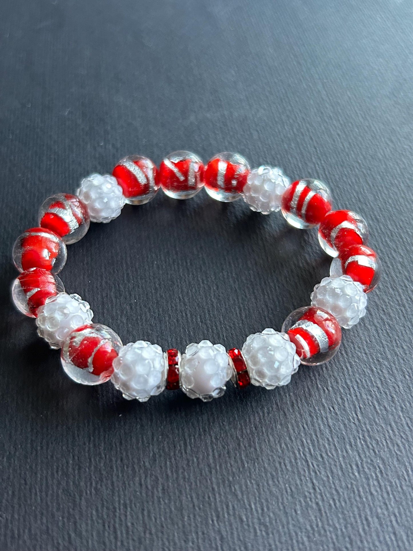 Handmade Beaded Stretch Bracelet | White, Red, & Silver Filigree