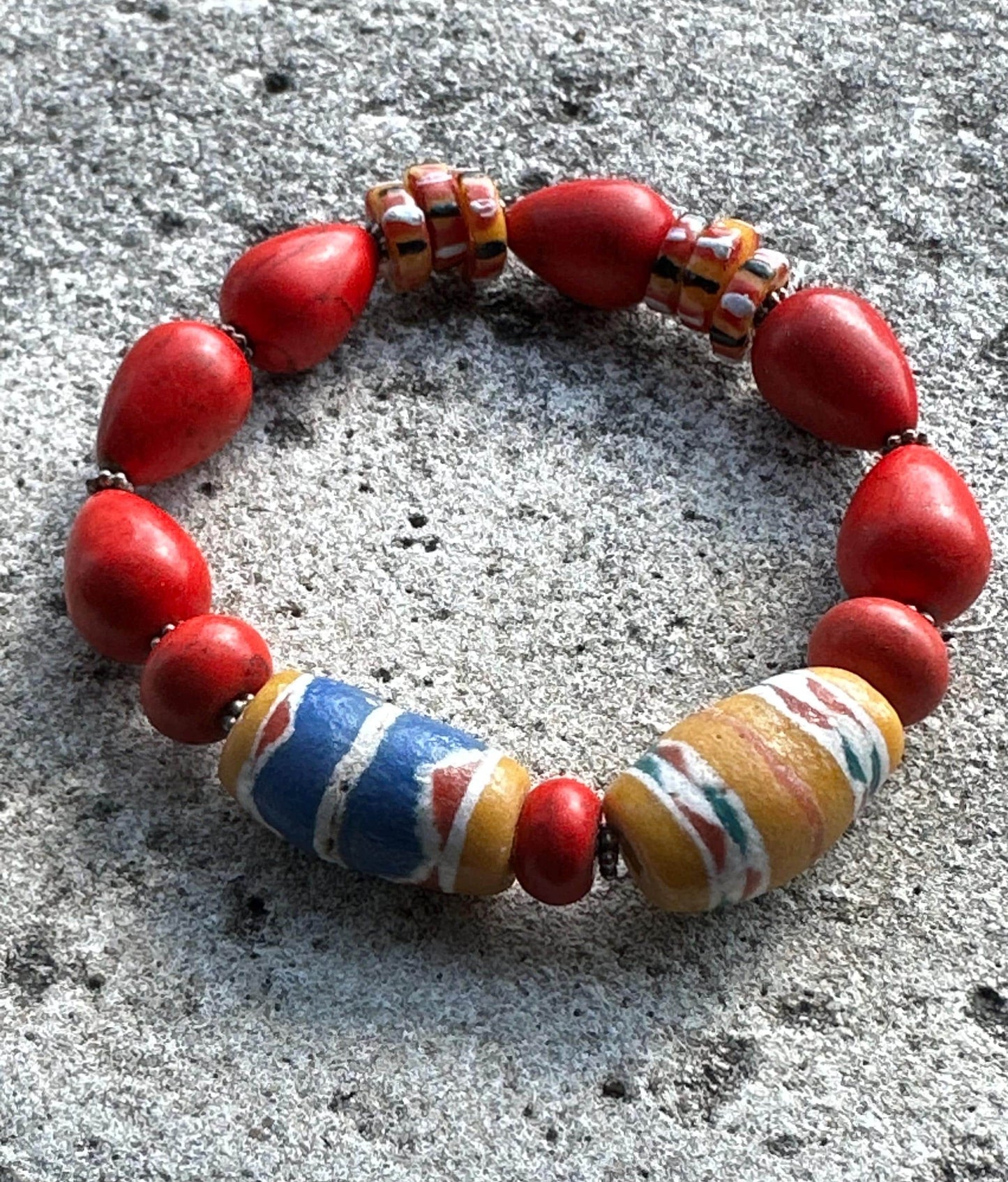 Red Teardrop Beaded Bracelet | Bronze Disc Boho Jewelry