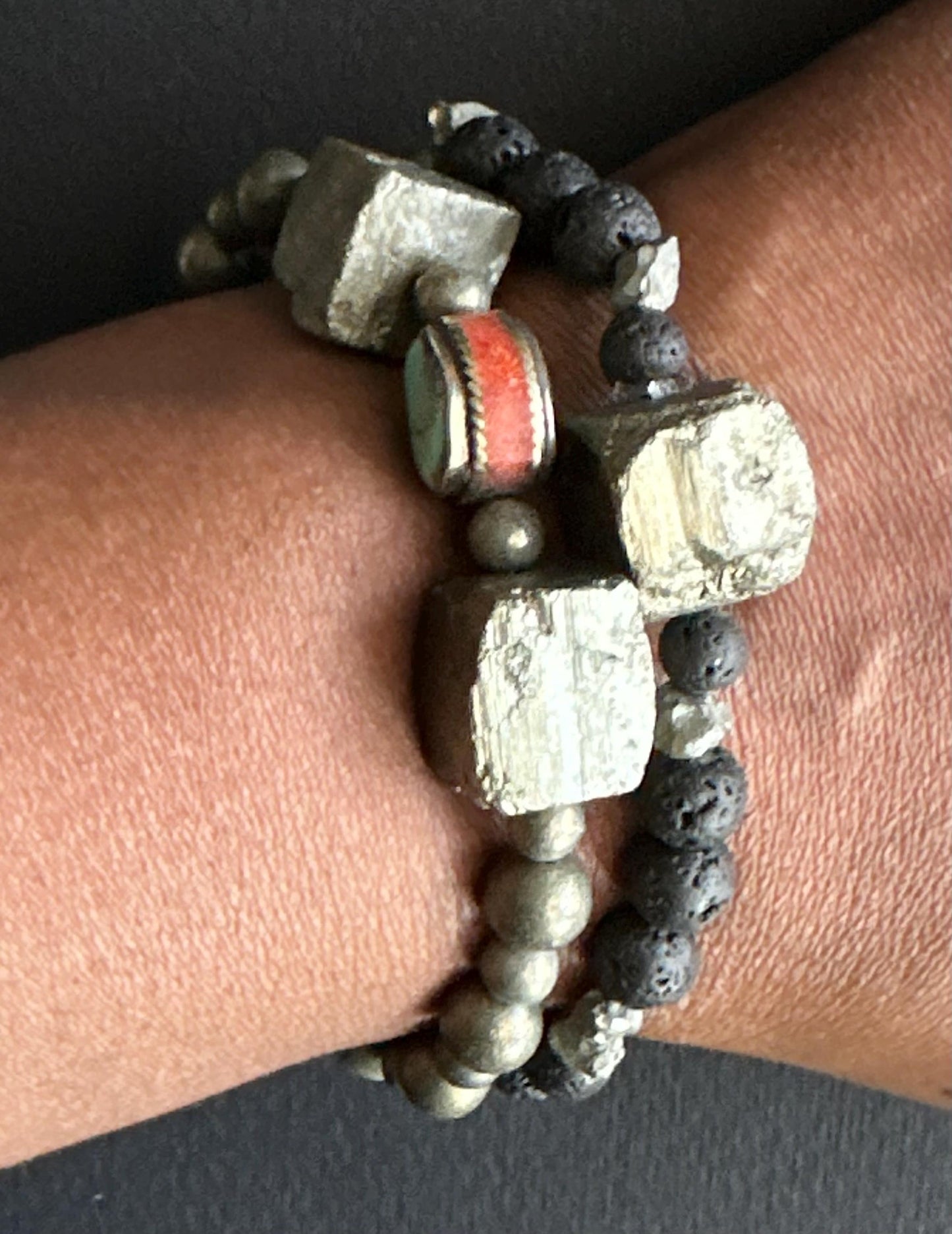 Boho Unisex Bracelet Stack | Pyrite Cube & Turquoise Beads | Handmade One of a Kind Stretch Bracelets