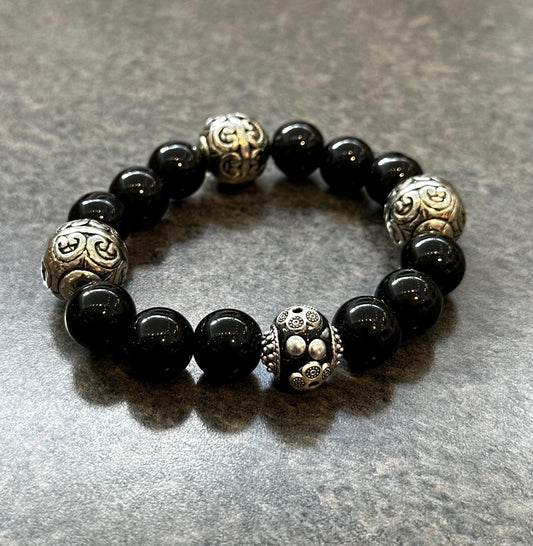 Black Jasper Beaded Bracelet: Handmade Sterling Silver Accent Boho Jewelry