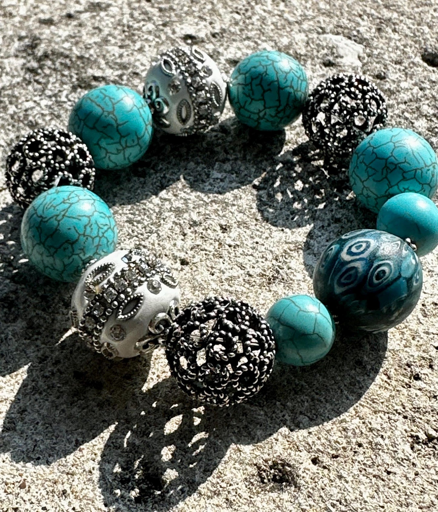 Turquoise Howlite Beaded Bracelet with Embellished White and Silver Metal Beads