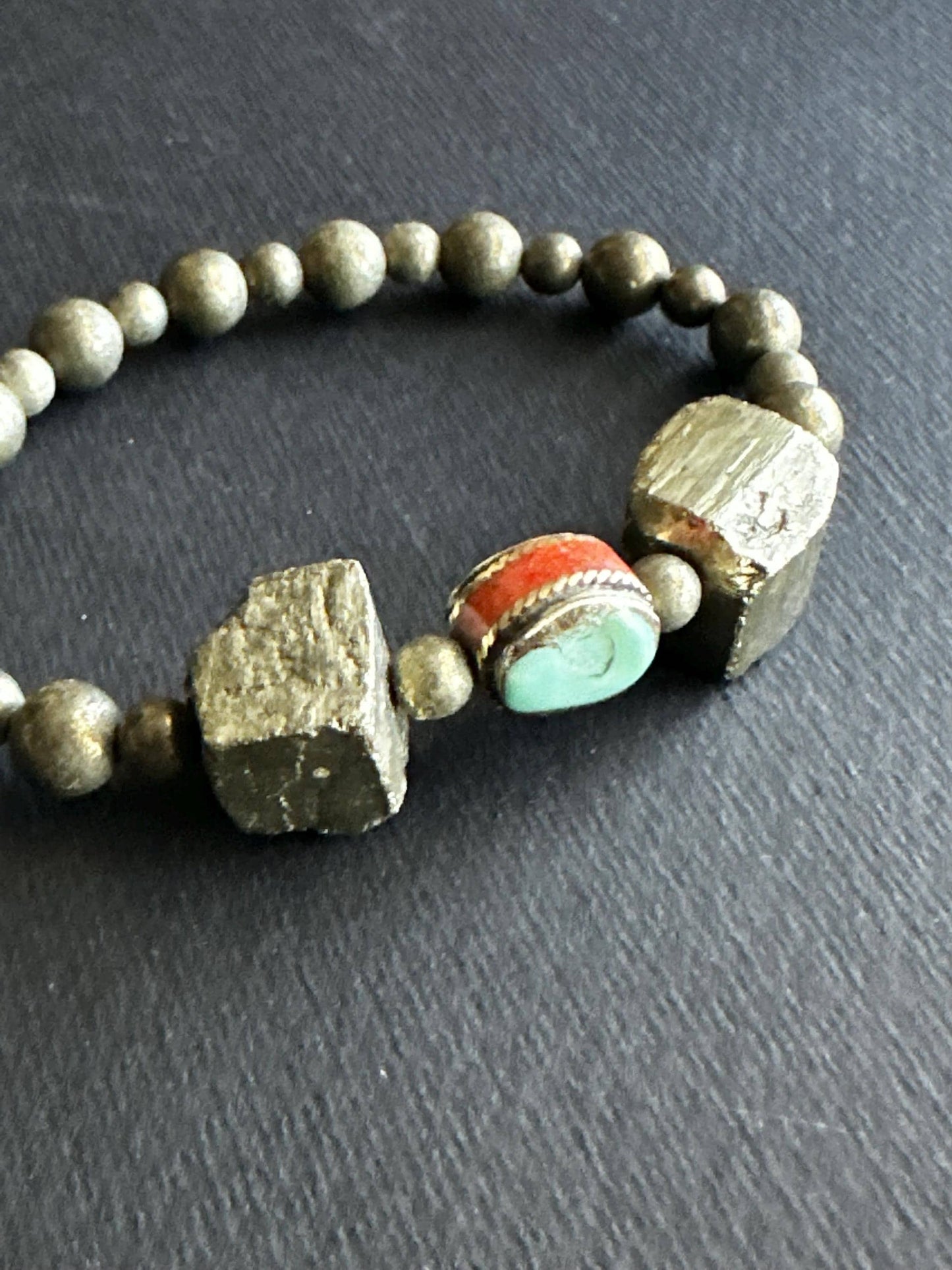 Boho Unisex Bracelet Stack | Pyrite Cube & Turquoise Beads | Handmade One of a Kind Stretch Bracelets