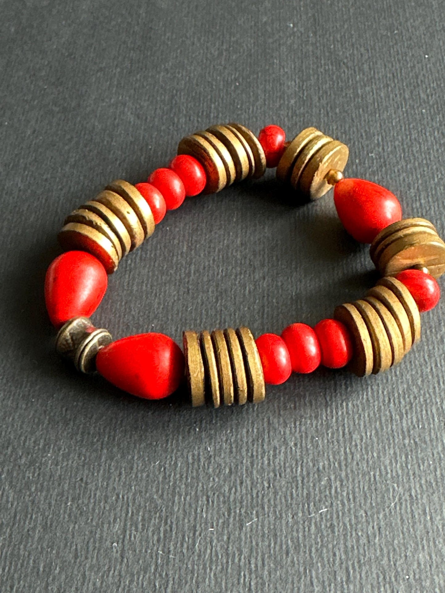 Red Teardrop Beaded Bracelet | Bronze Disc Boho Jewelry