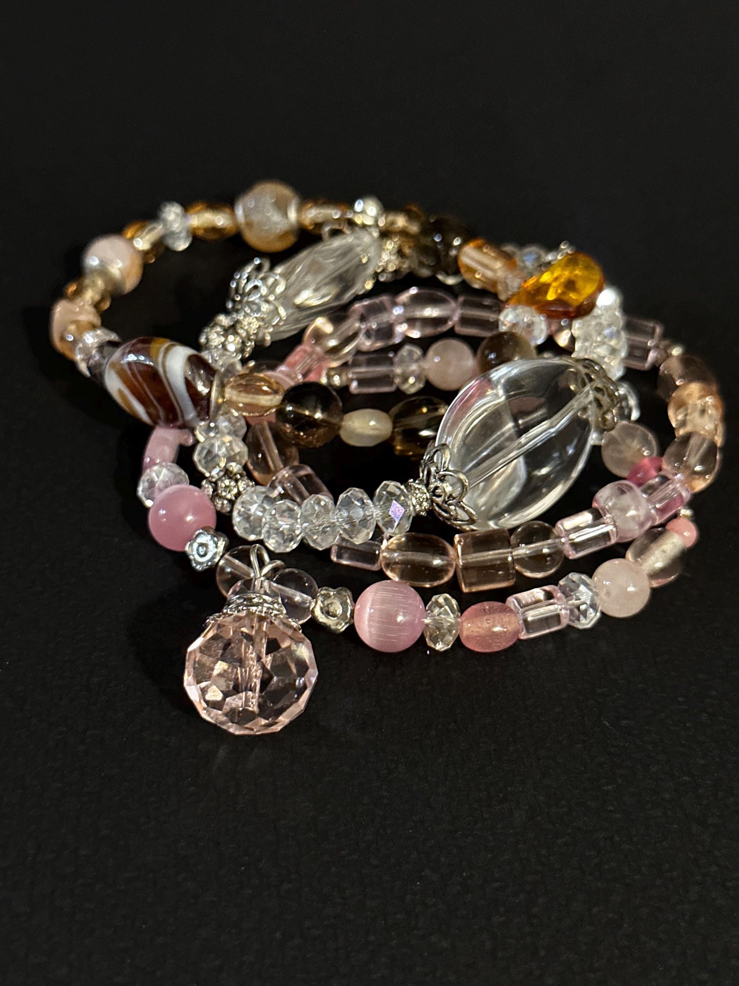 Handmade Pink & Brown Glass Beaded Bracelet Set with Crystal Accents OOAK
