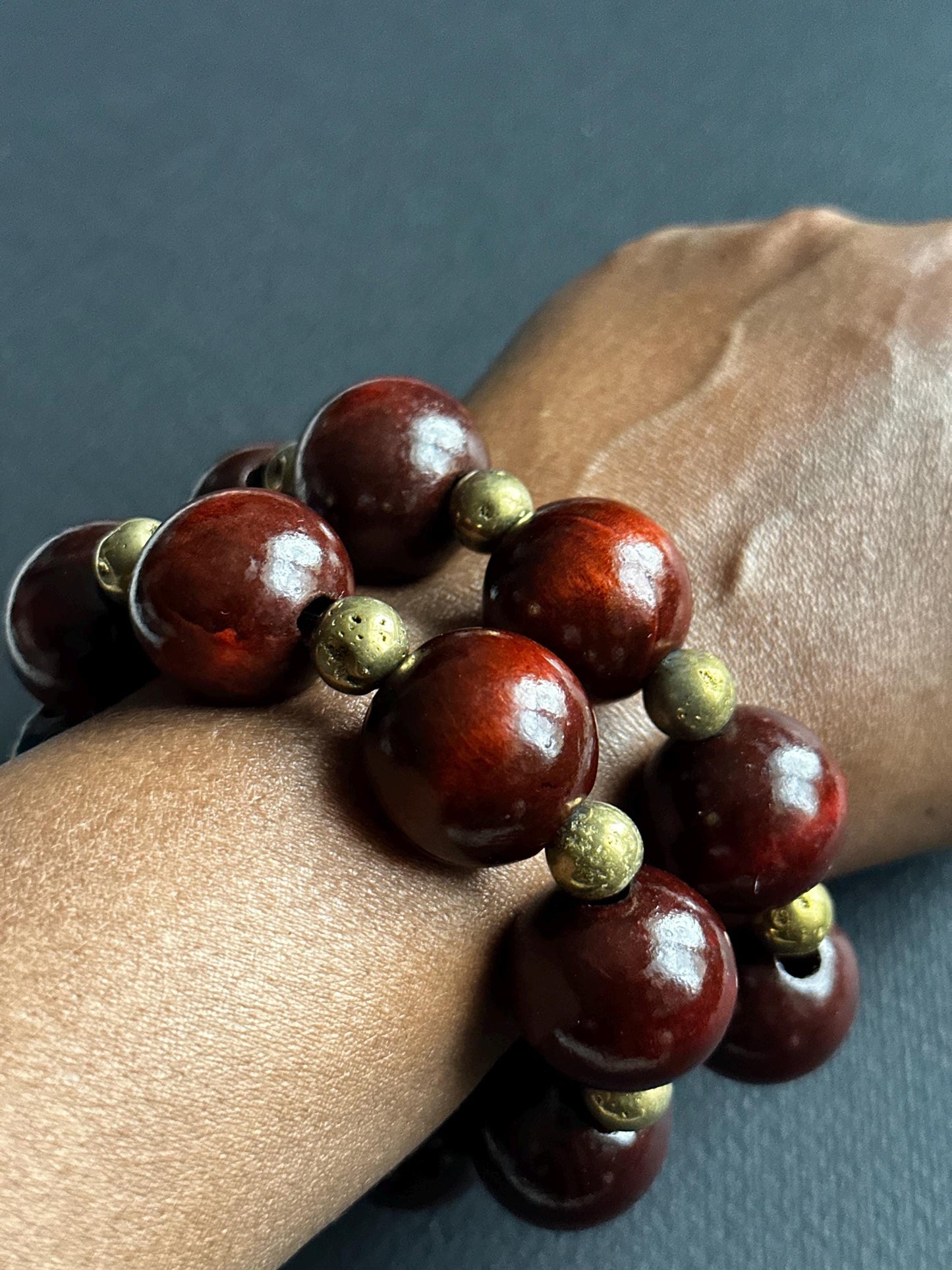 Large Brown Wood Unisex Beaded Bracelet with Gold Matte Agate Beads