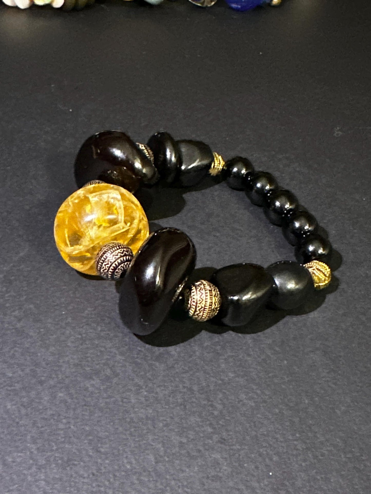 Handmade Chunky 24 mm Black Beads and Yellow Unisex Beaded Statement Stretch Bracelet